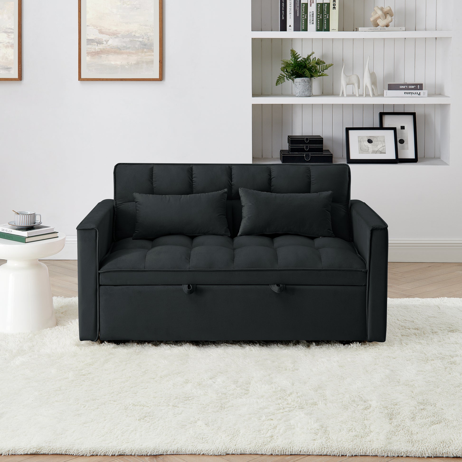 Tufted dark grey velvet futon sofa with two throw pillows for living room comfort