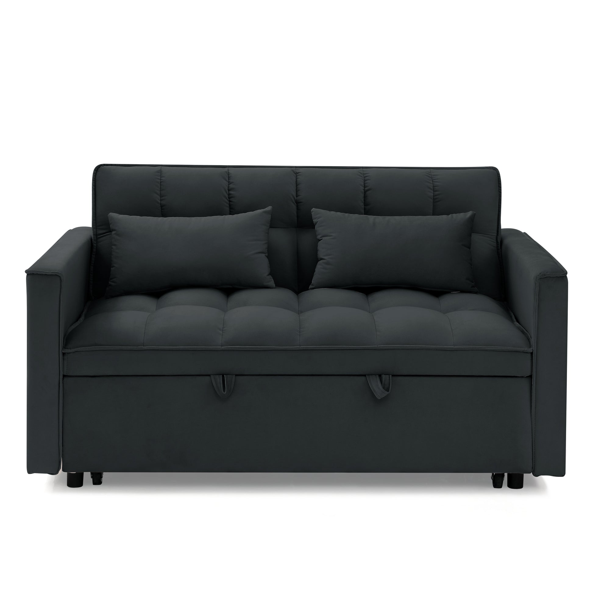 Modern dark grey sofa bed with tufted seat and two matching throw pillows