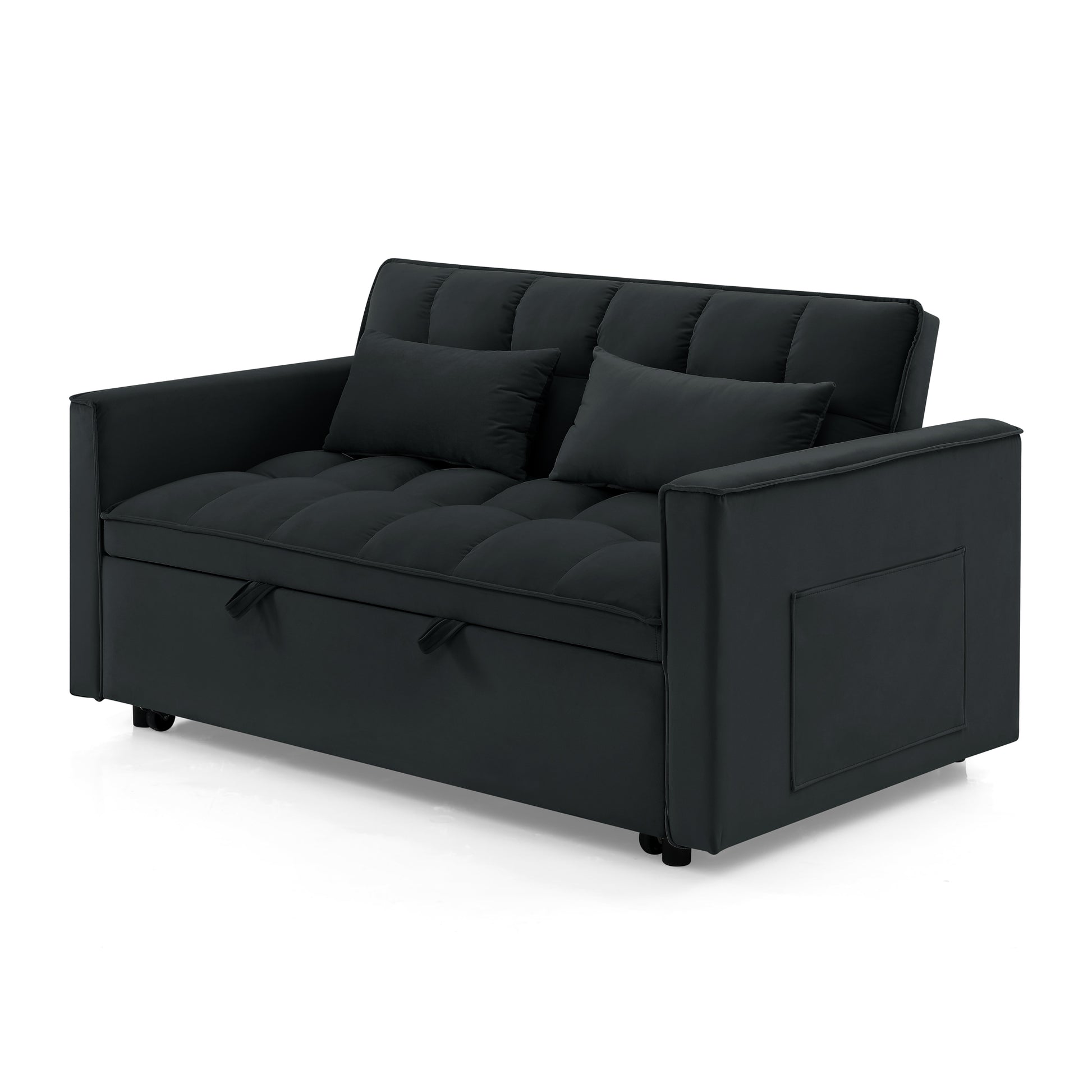 Tufted dark gray convertible sofa bed with storage and two accent pillows compact design