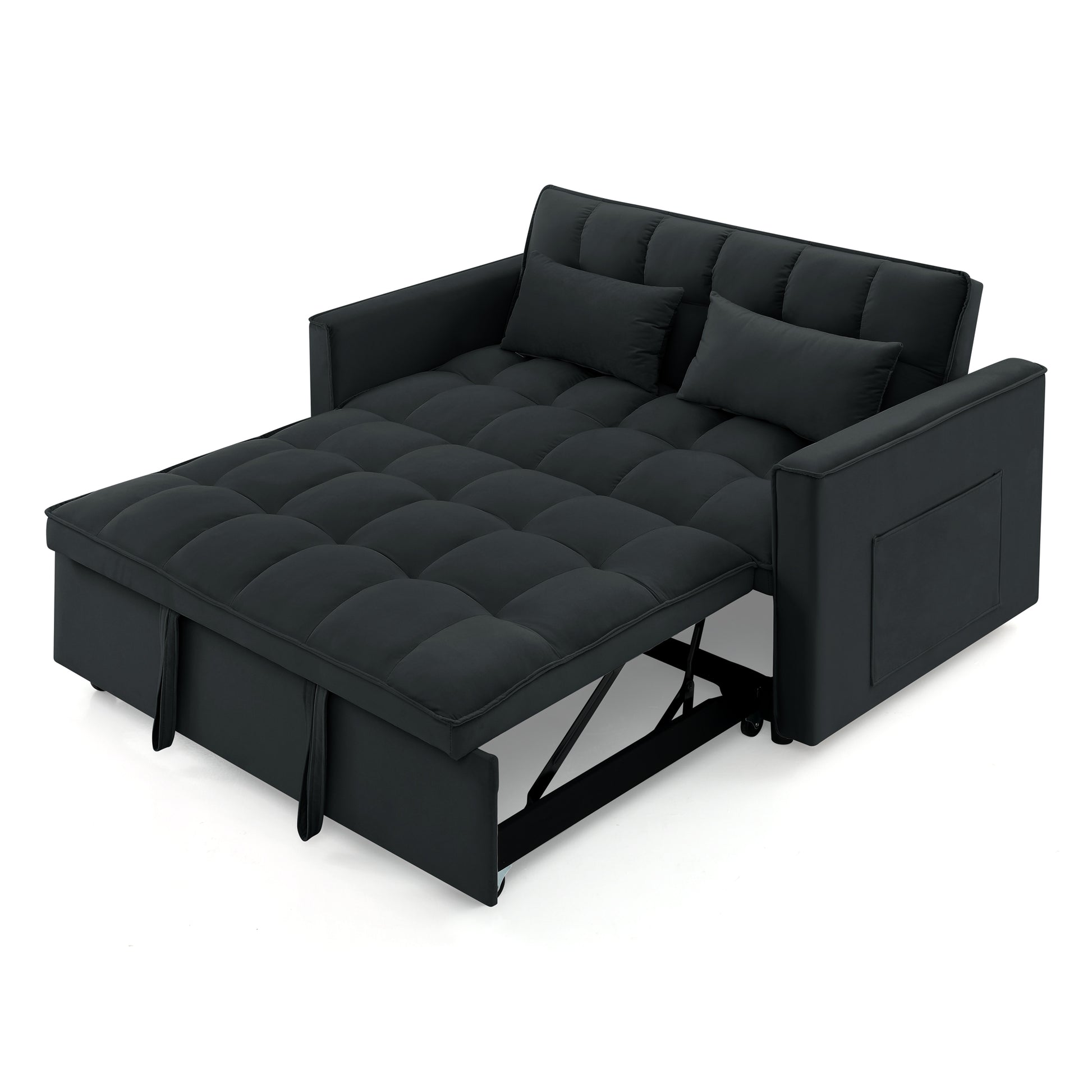 Black convertible sofa bed with tufted cushions and two throw pillows