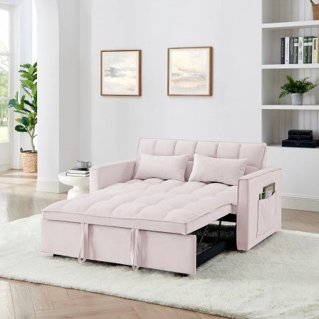 Modern blush pink sofa bed with tufted cushions perfect for small spaces