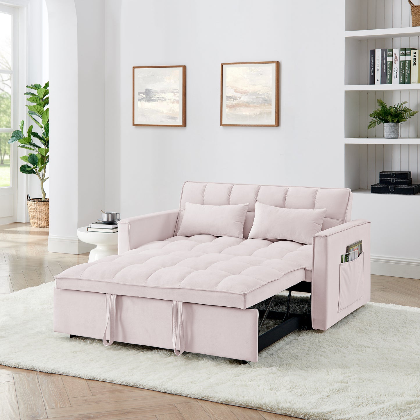 Light pink velvet sofa bed with tufted cushions easily convertible for guest use