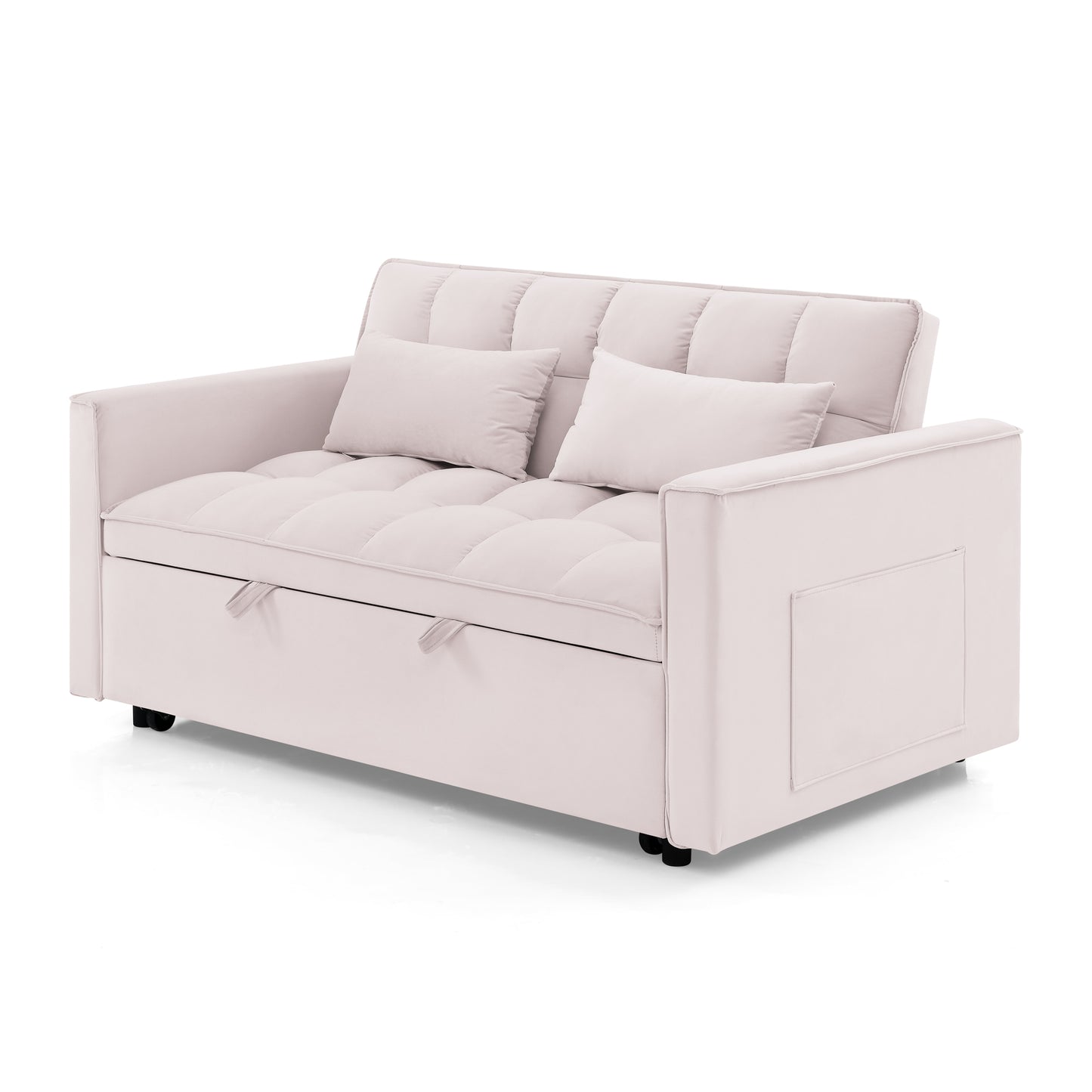 Light pink tufted futon sofa with hidden storage and side pockets