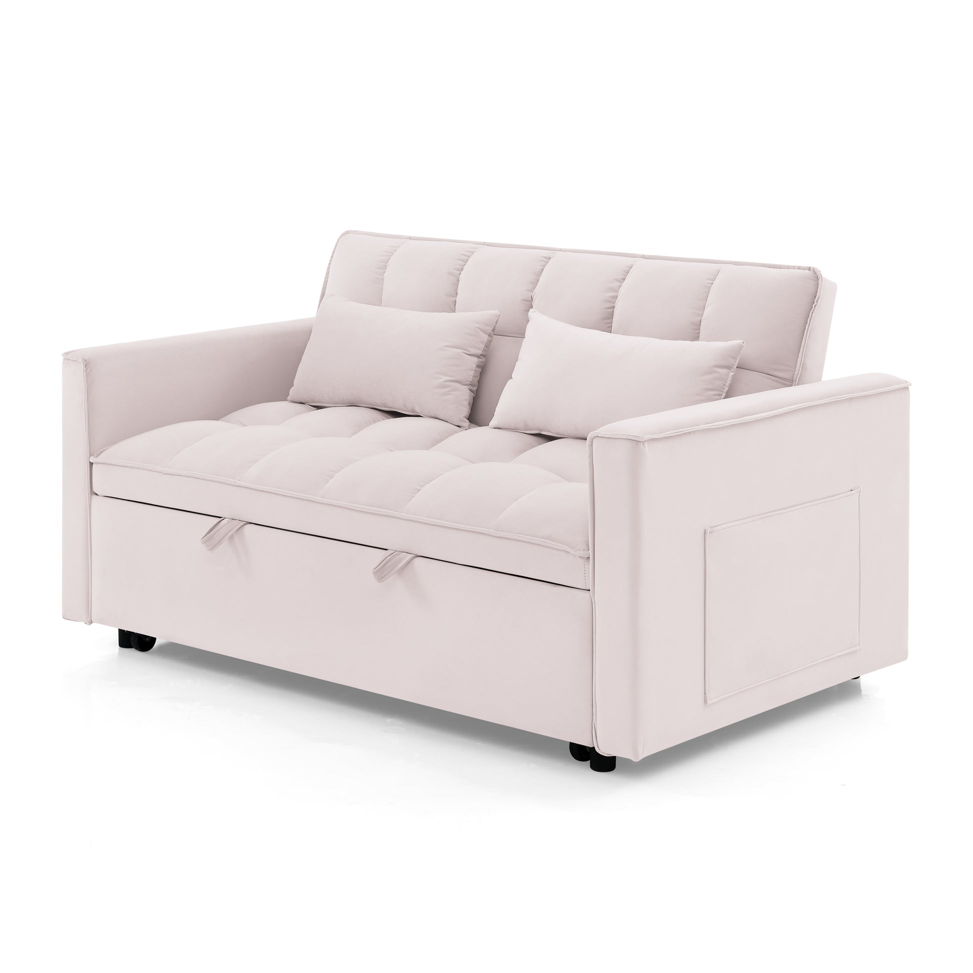 Light pink tufted futon sofa with hidden storage and side pockets