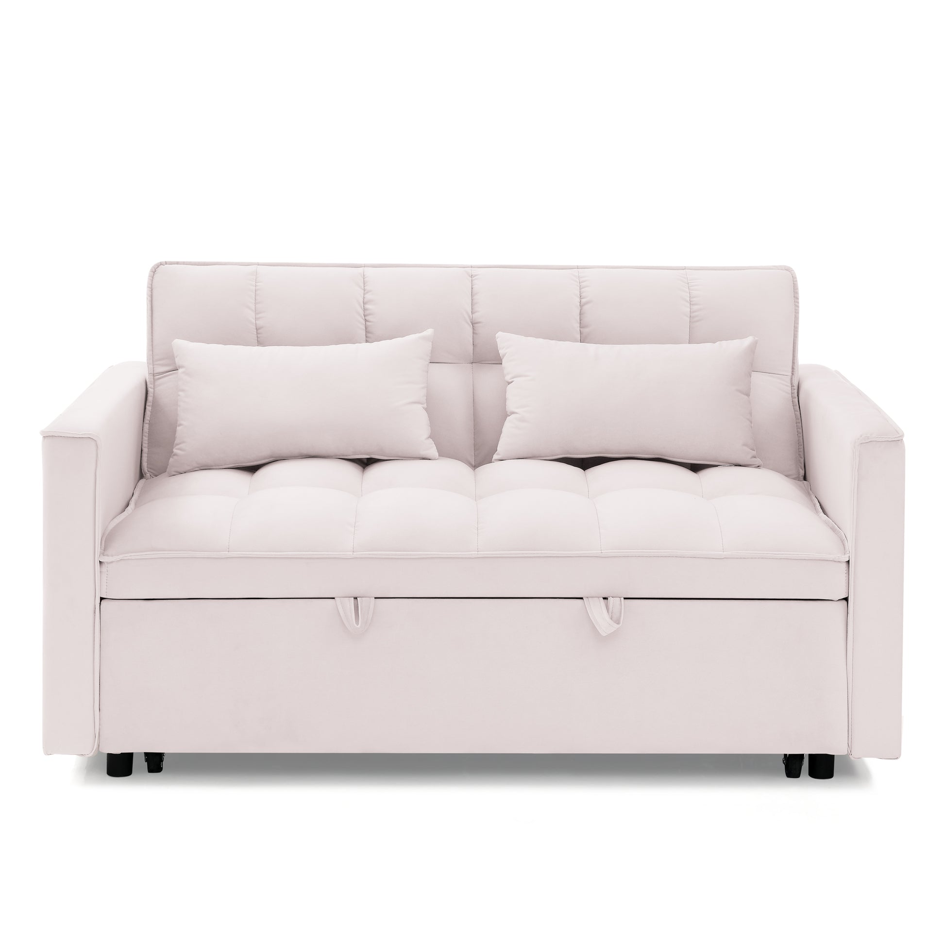 Light pink velvet sofa bed with tufted cushions and two throw pillows