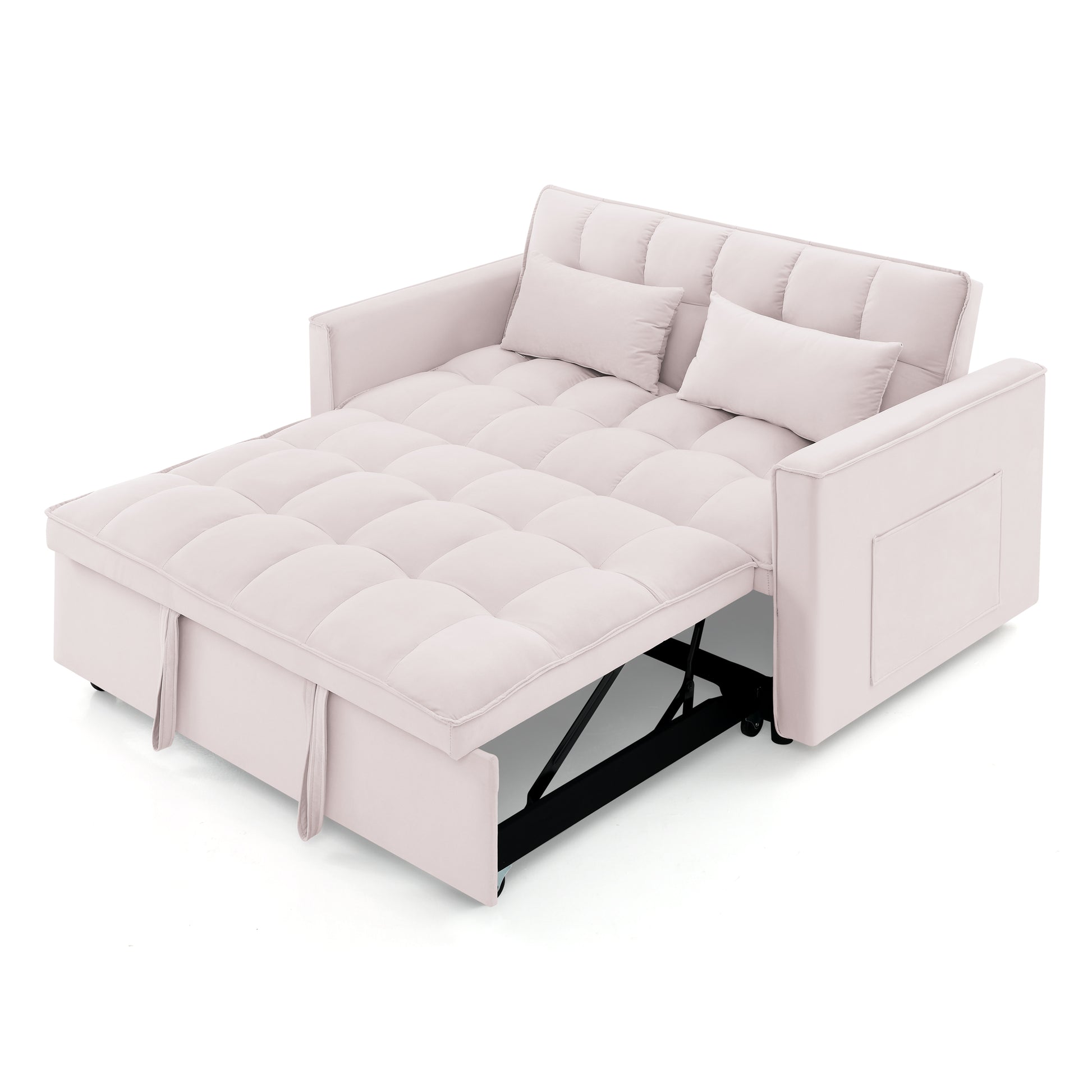 Pink velvet sofa bed with tufted cushions and side pocket