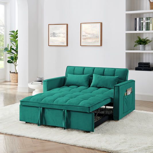 Teal velvet sofa bed with tufted cushions and builtin storage pockets ideal for small spaces