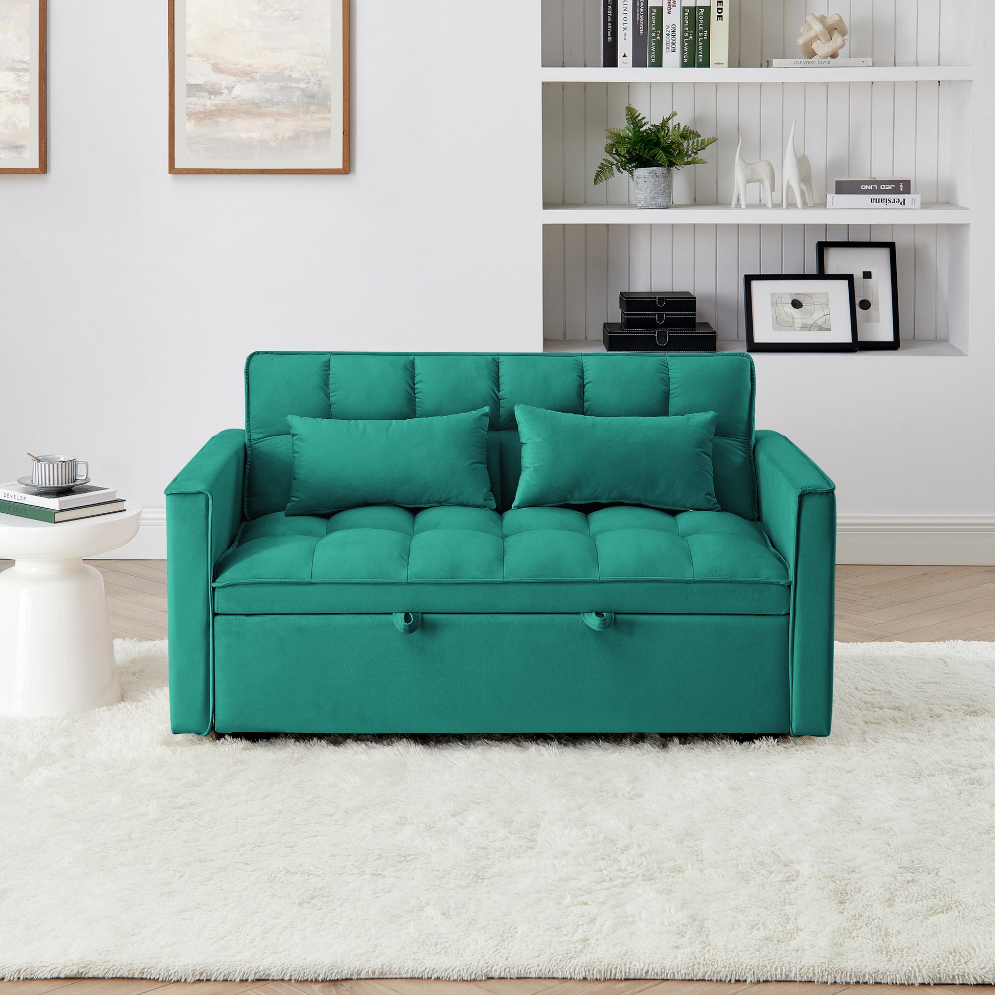 Teal velvet loveseat sofa with tufted back and two accent pillows ideal for small spaces