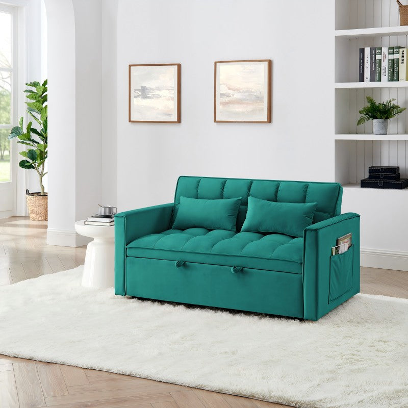 Teal velvet sofa bed with tufted cushions and storage drawers perfect for small spaces