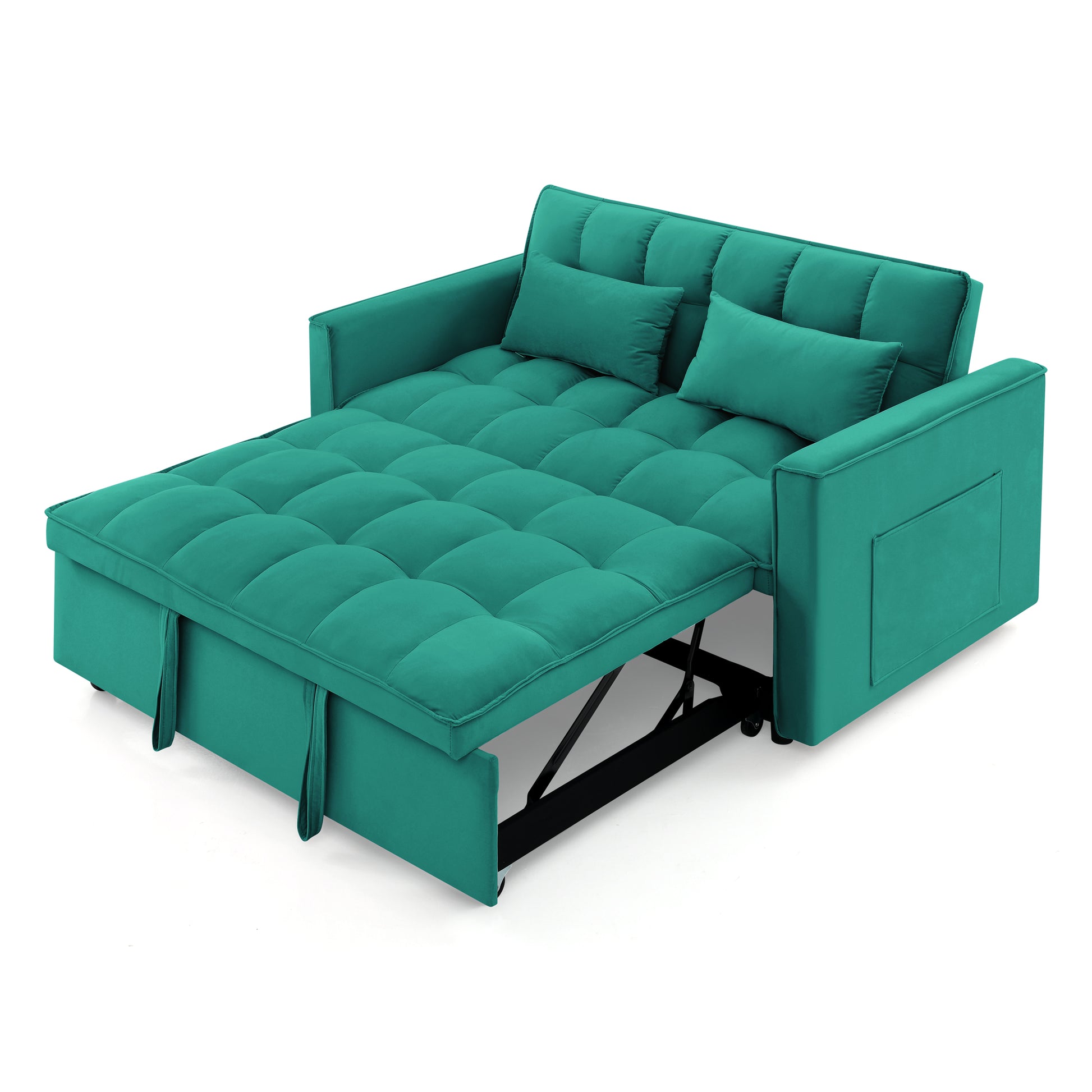 Teal velvet sofa bed with tufted cushions and pullout mattress mechanism