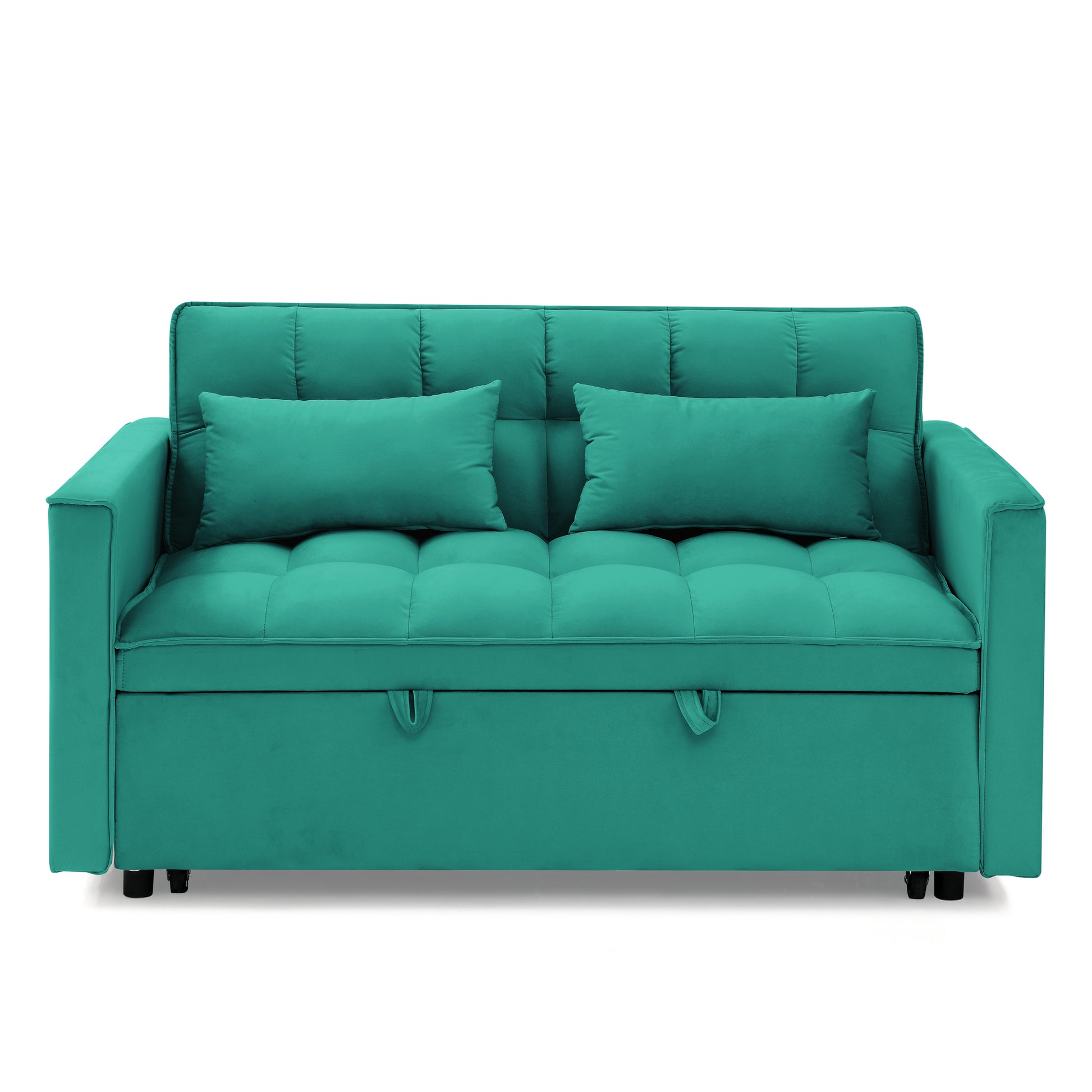 Teal velvet convertible sofa with tufted cushions and two accent pillows perfect for small spaces