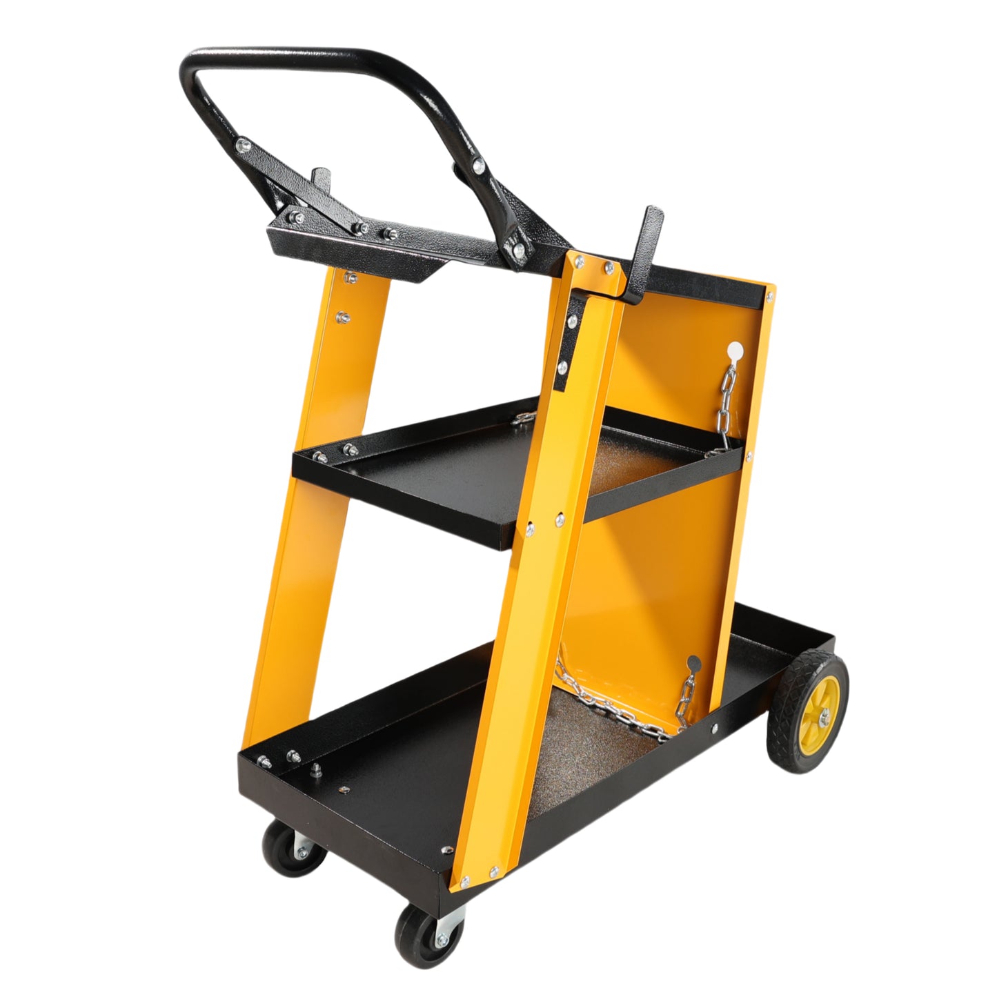 Yellow and black multitier utility cart with handle and wheels for workshop organization