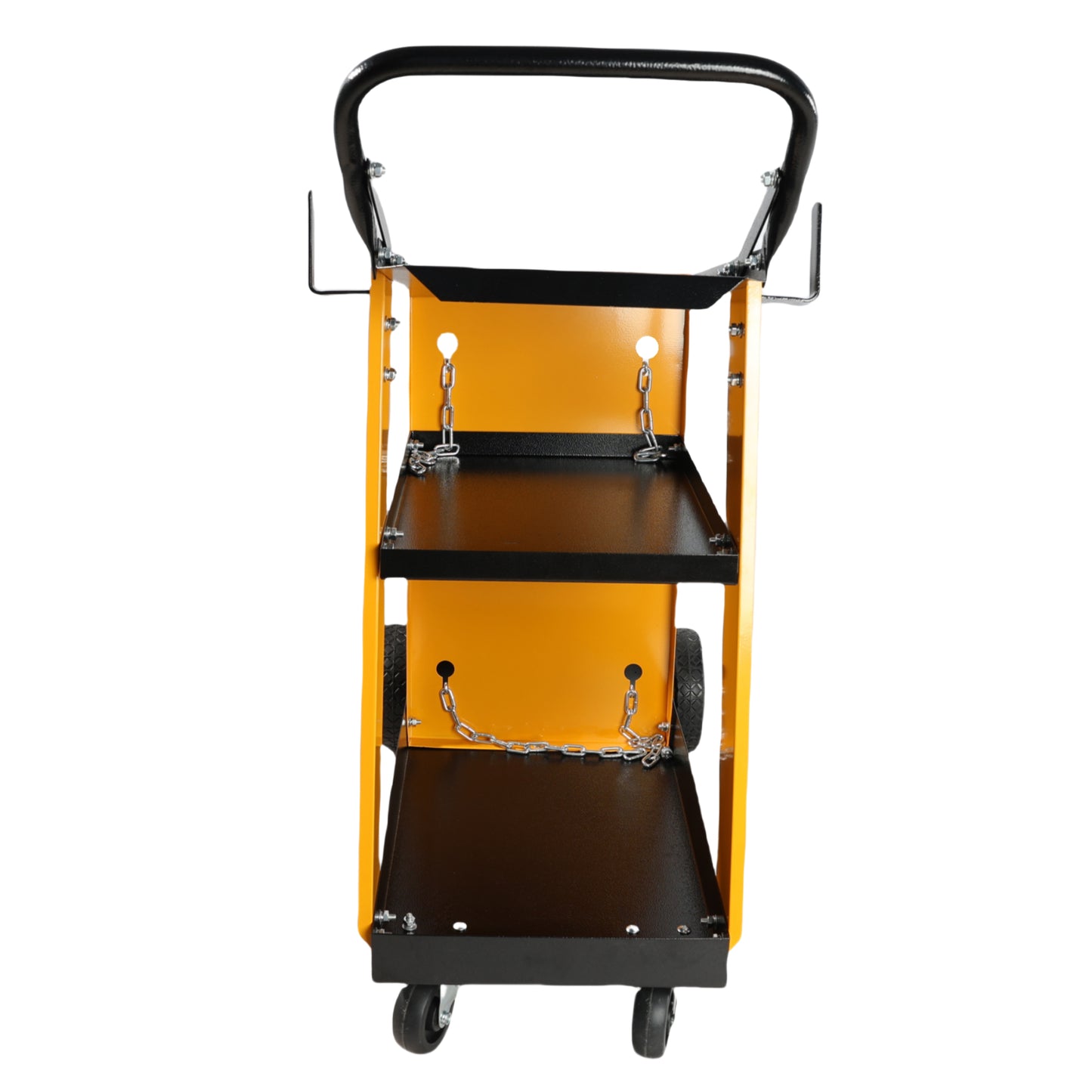Yellow metal welding cart with black shelves chains and wheels for secure gas cylinder transport