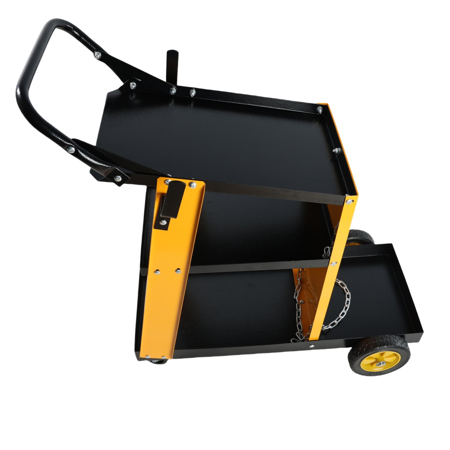 Black and yellow welding cart with two shelves and a handle for mobile use
