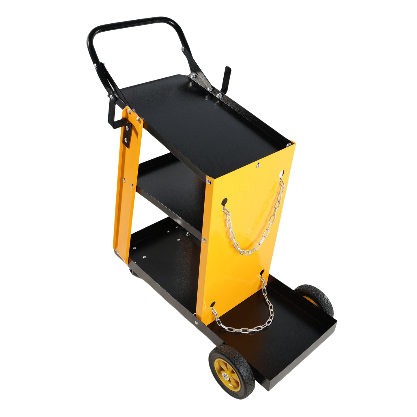 Yellow and black metal trolley with two shelves and wheels for tool storage and transport