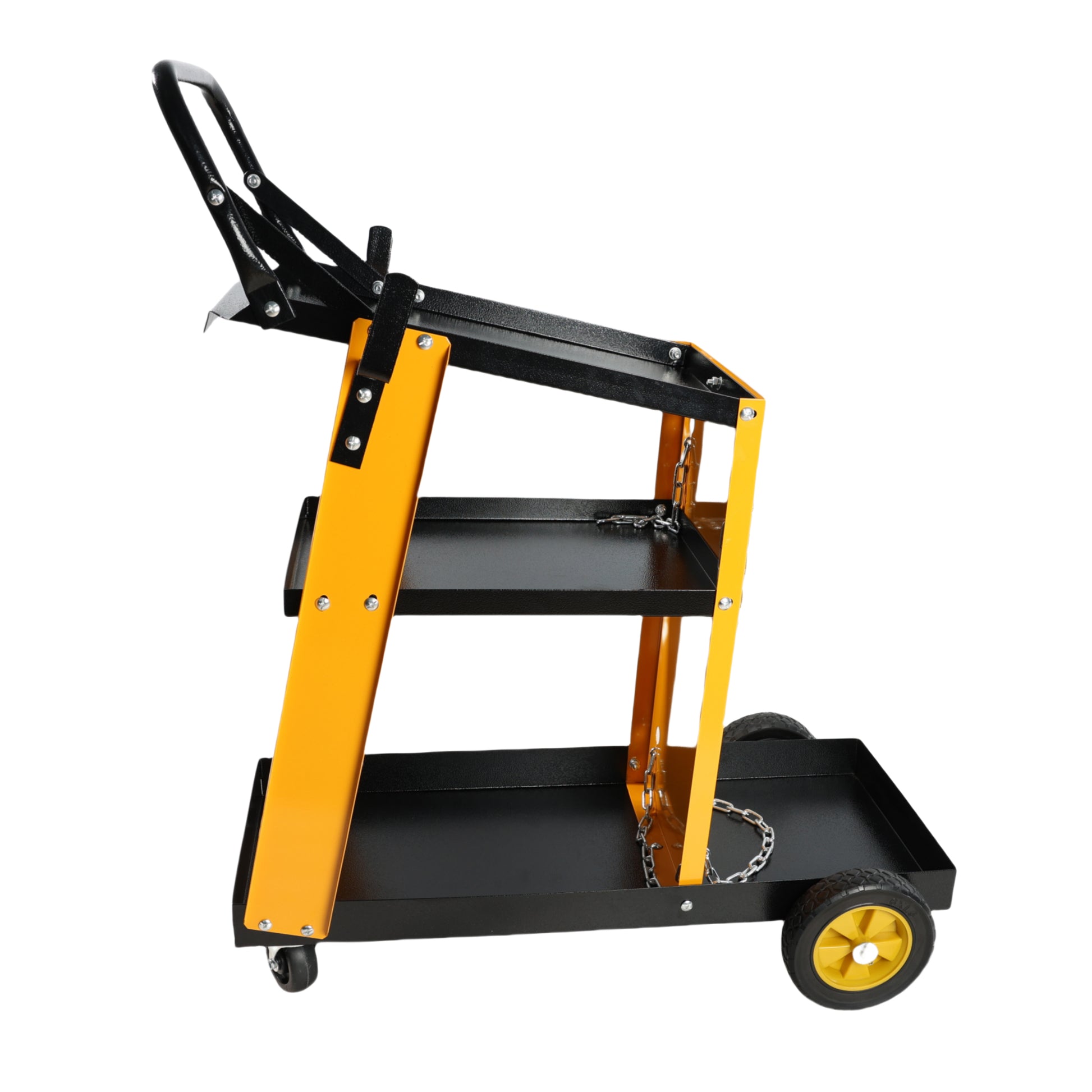 Yellow and black metal welding cart with three shelves and sturdy wheels for workshop use