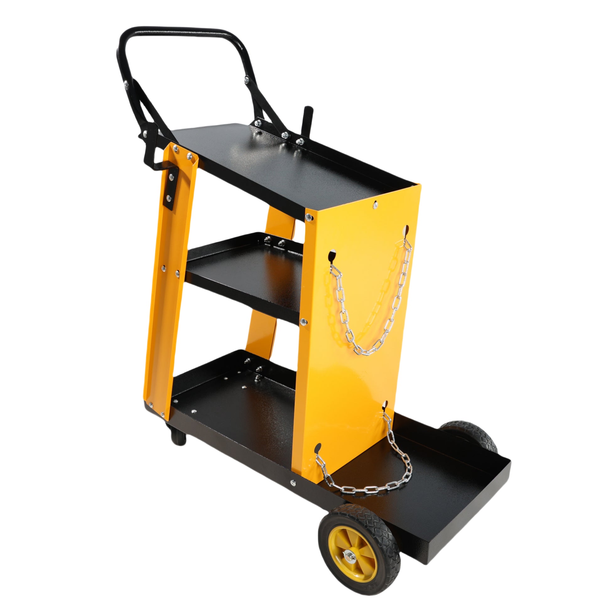 Yellow and black multilevel service cart with wheels for workshop use