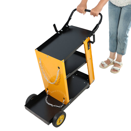 Yellow and black welding cart with three tiers and chains for securing items