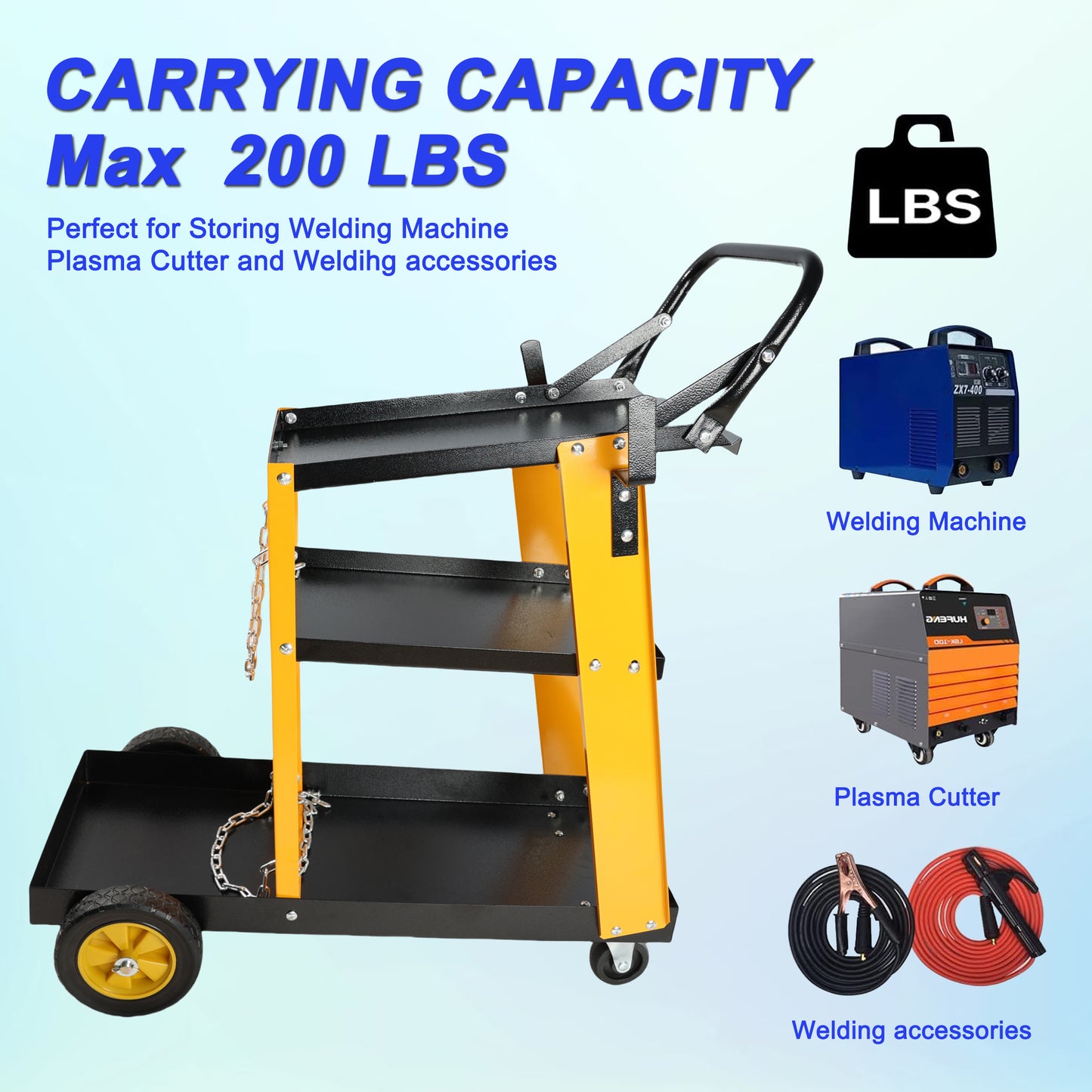 Heavyduty yellow and black welding cart with  shelves and max  lbs capacity