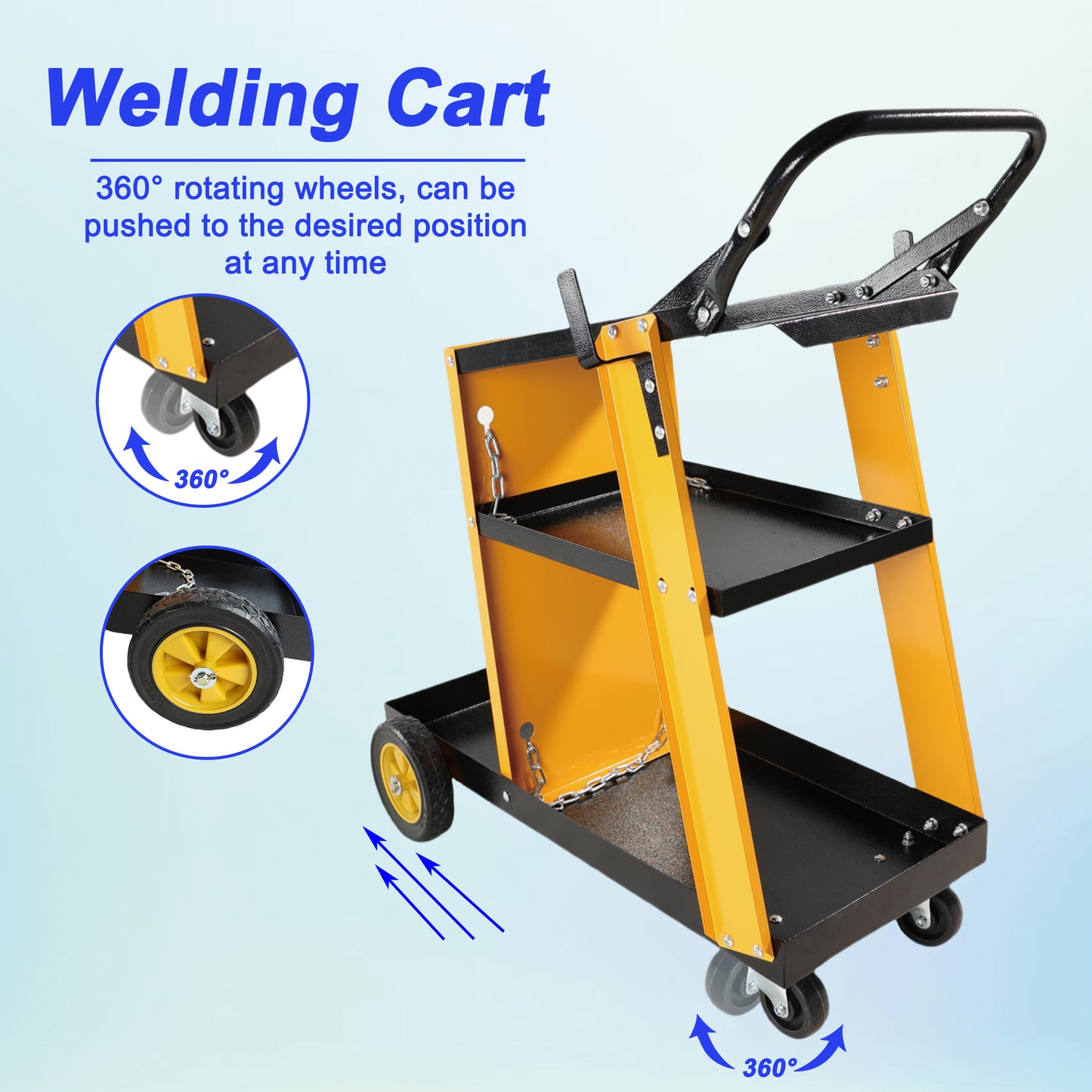 Yellow and black metal welding cart with two shelves and degree rotating wheels for easy maneuverability