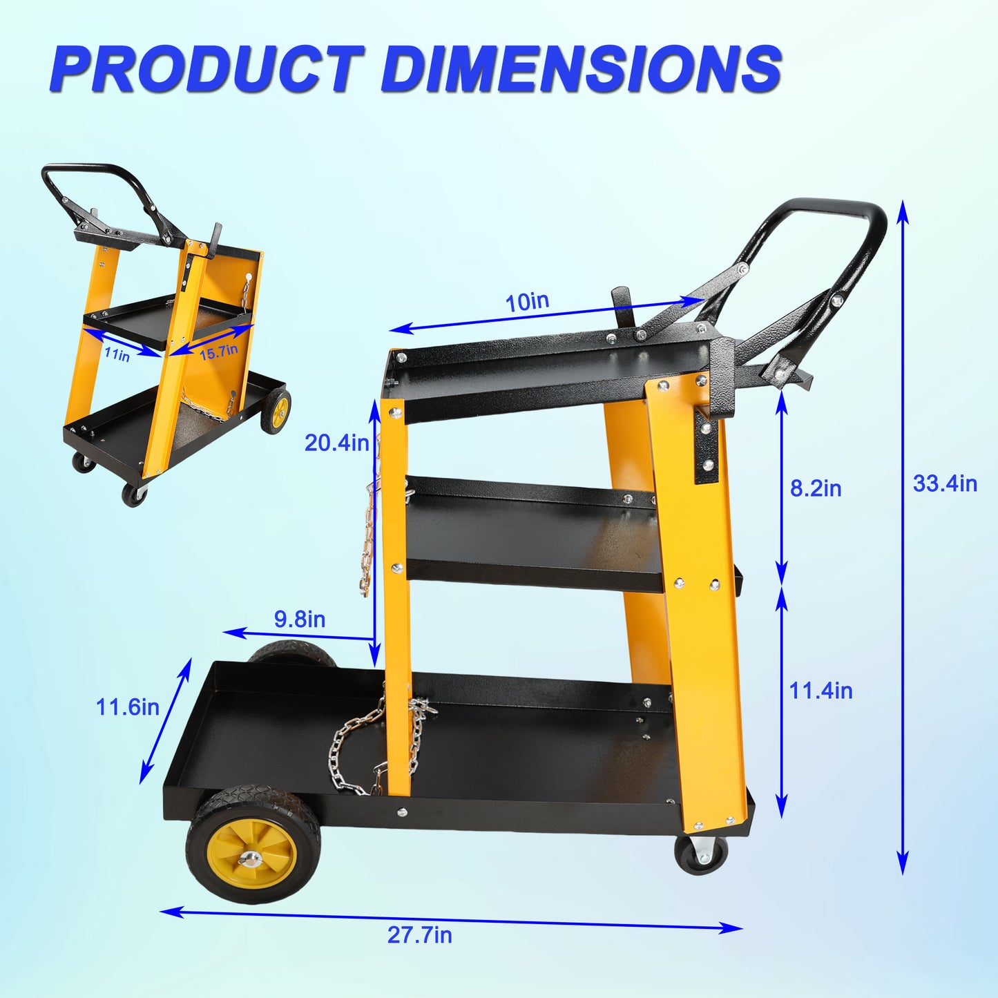 Yellow and black multitier utility cart with wheels and chain showing dimensions