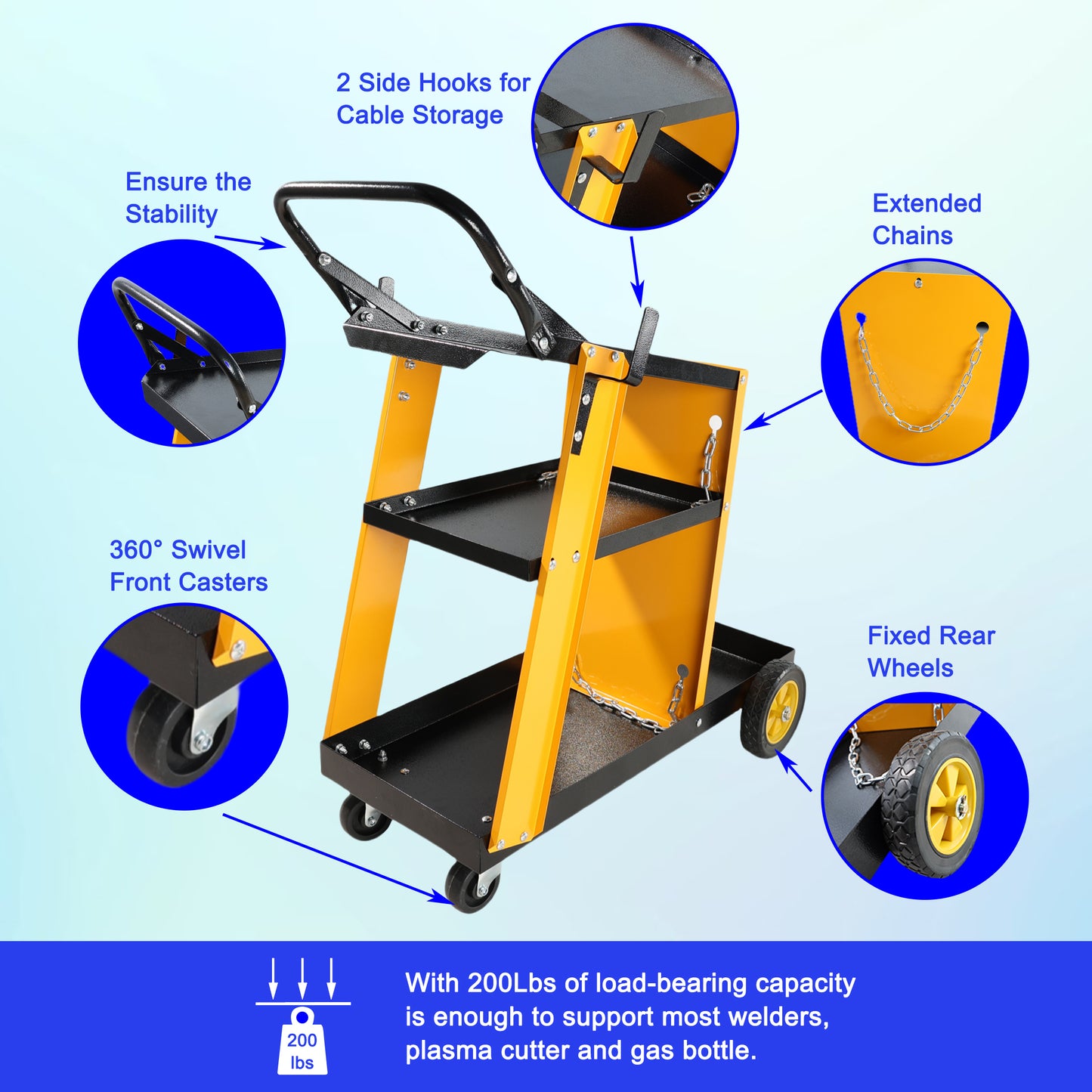 Yellow shelf welding cart with black frame  swivel front casters for maneuverability