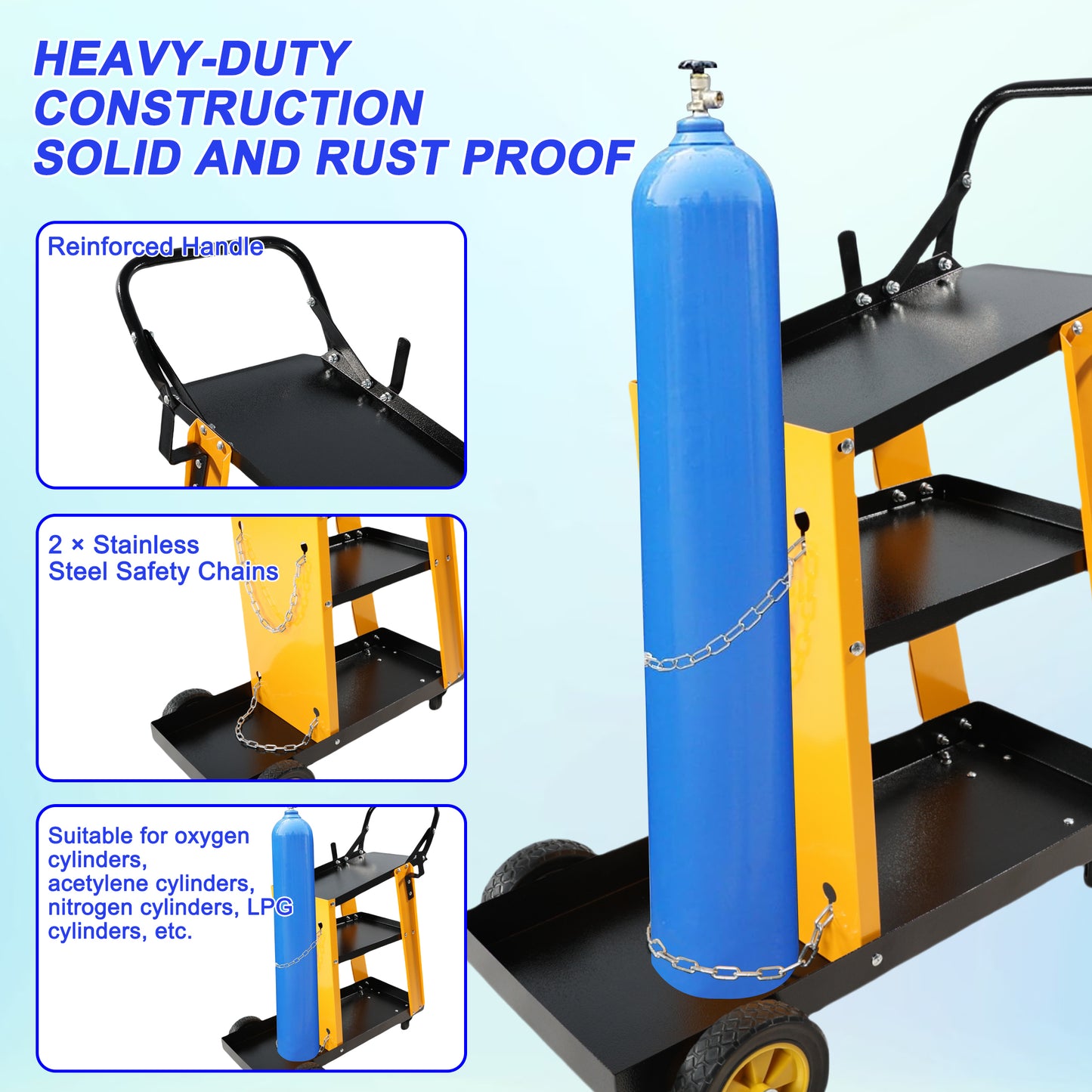 Yellow and black heavyduty cylinder cart with reinforced handle for secure transport