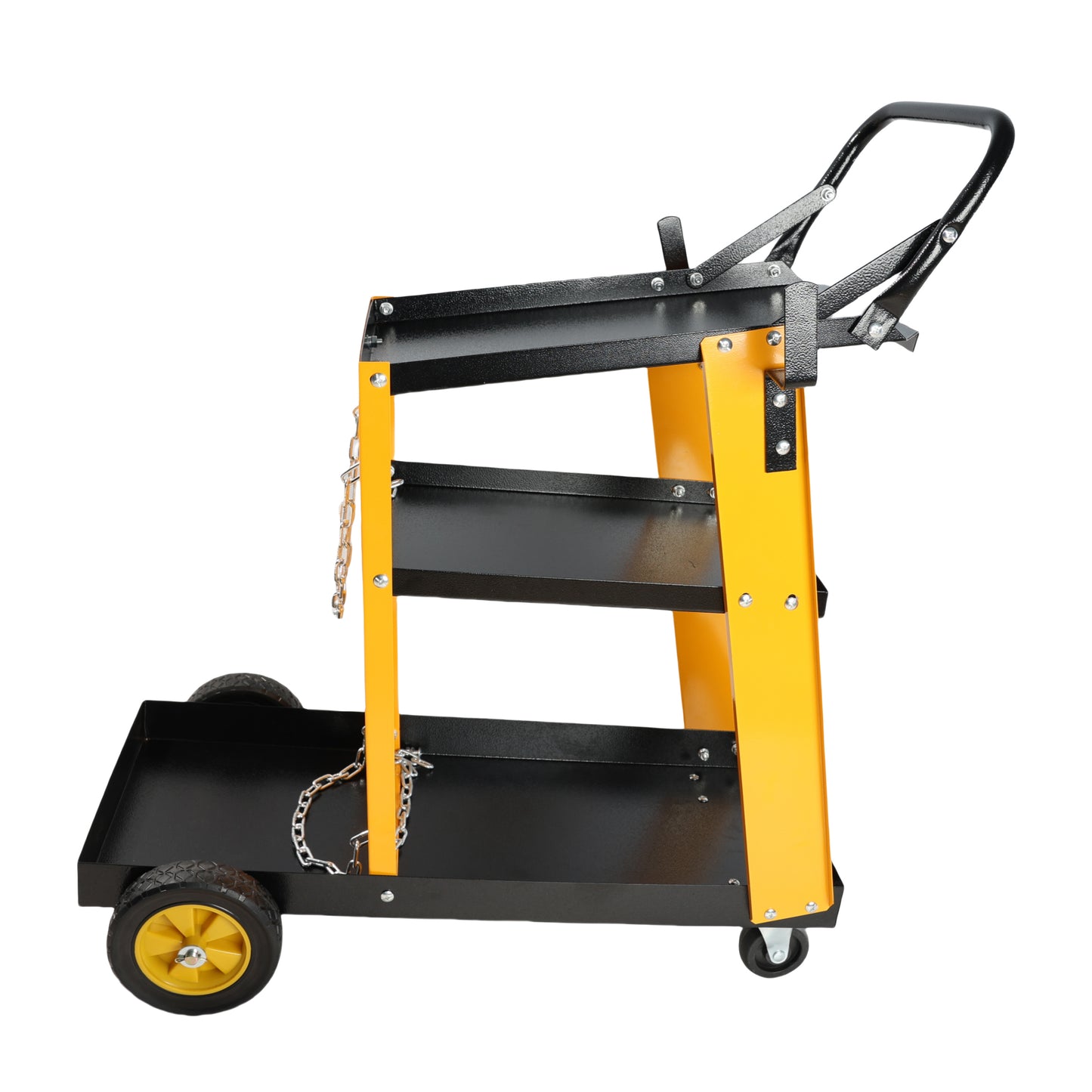 Black and orange metal tool cart with three shelves and wheels for garage organization