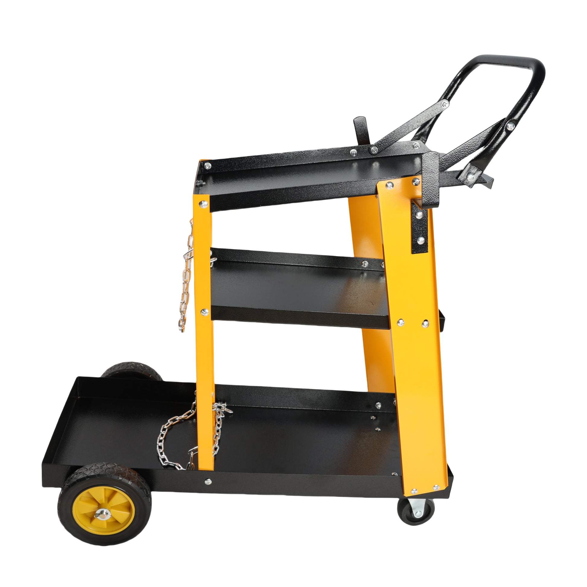 Black and orange metal tool cart with three shelves and wheels for garage organization