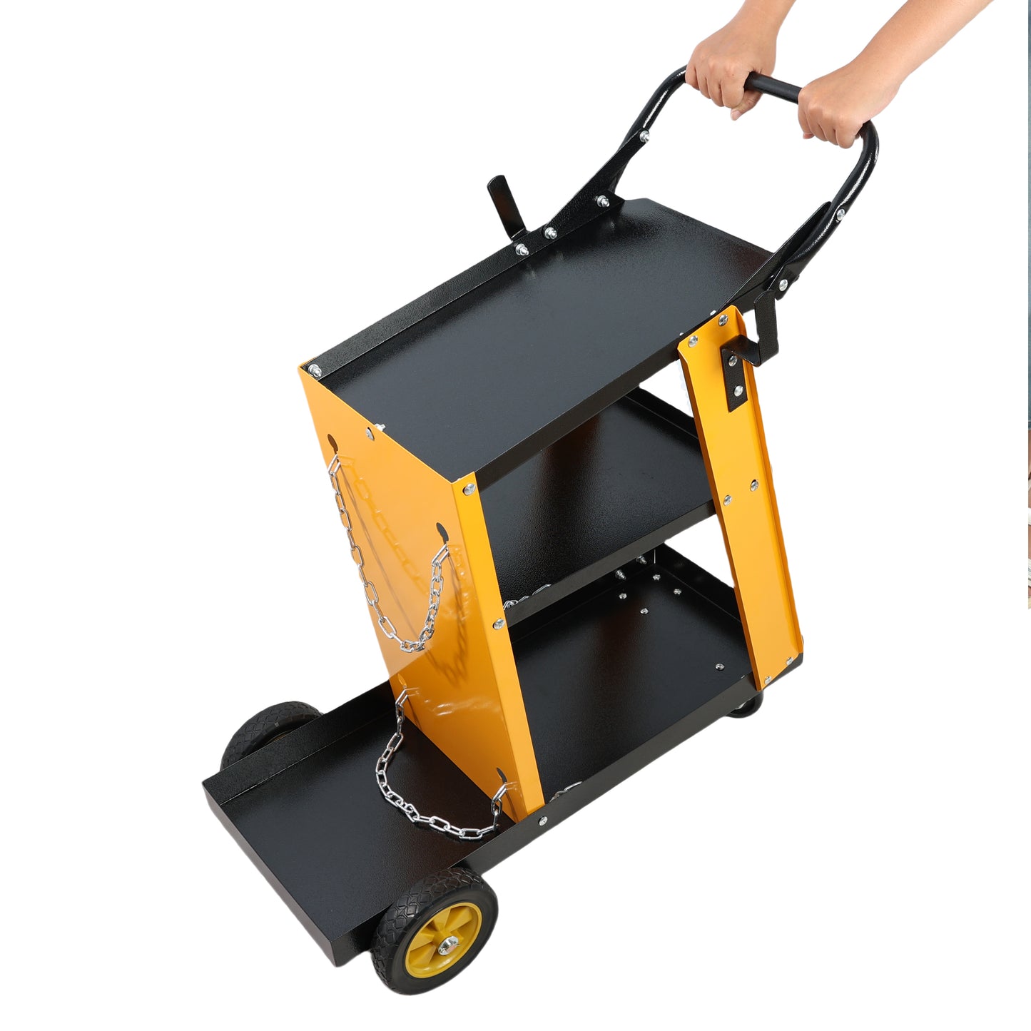 Yellow and black metal welding cart with two shelves and two wheels
