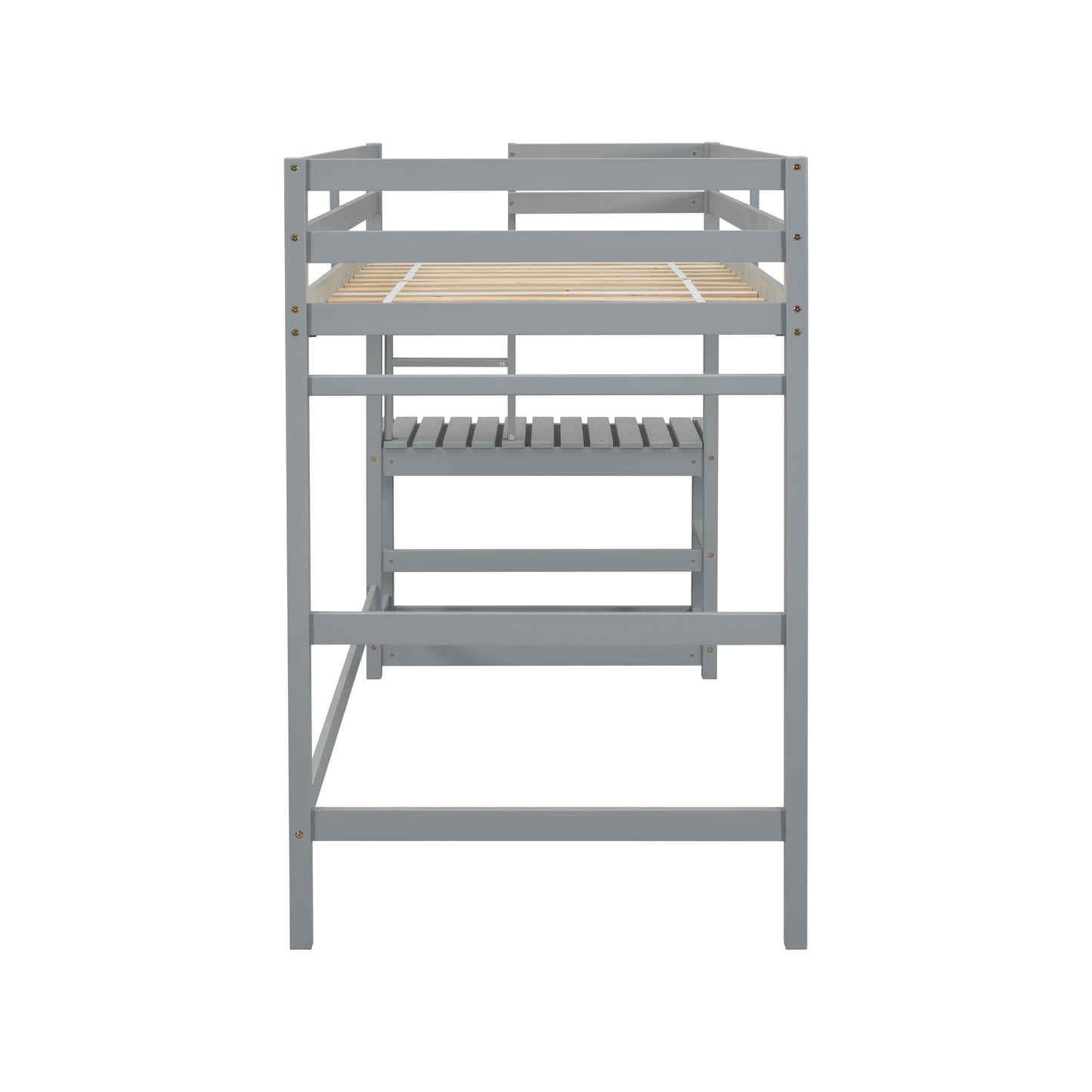 Gray wooden loft bed frame with integrated desk and slatted surfaces
