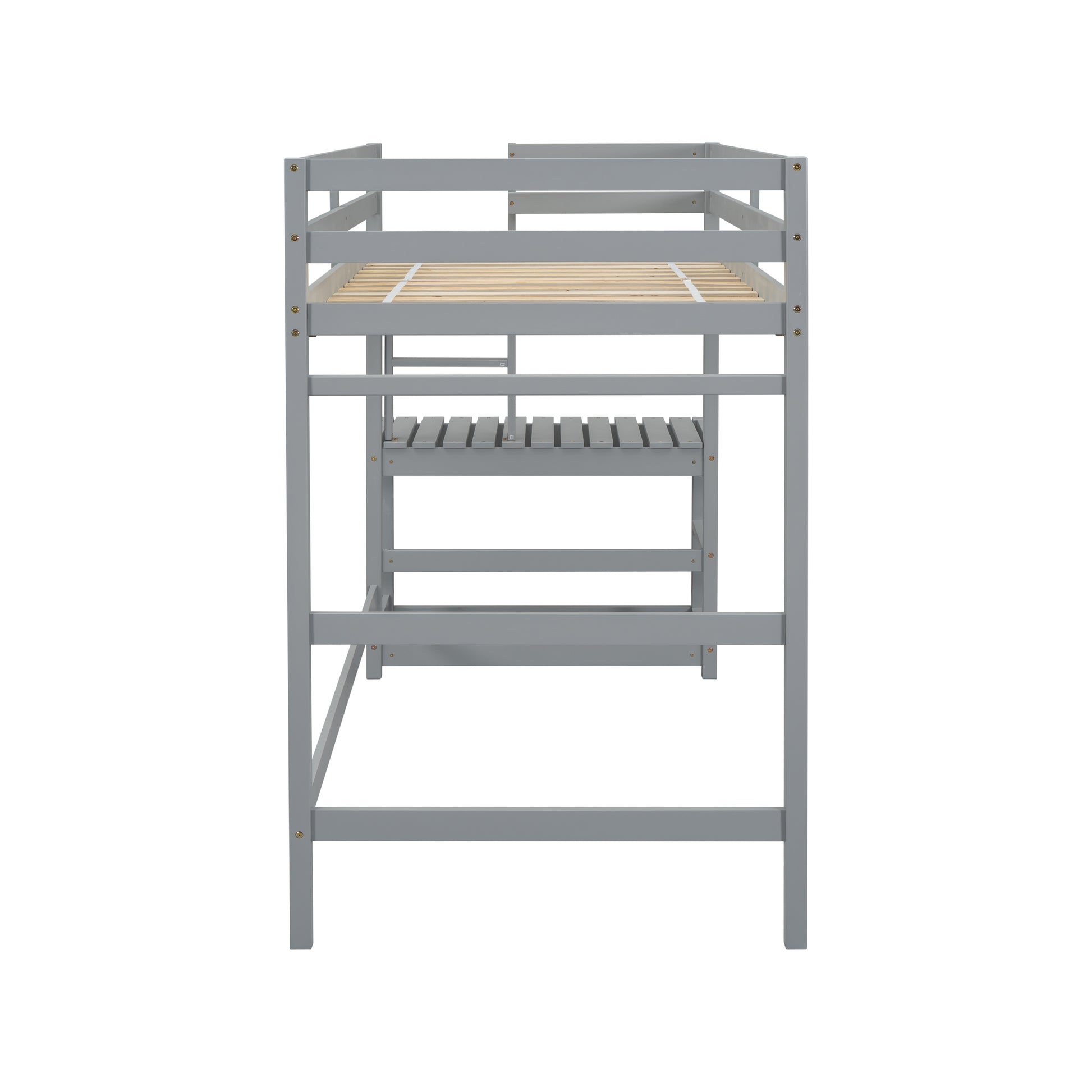 Gray wooden loft bed frame with integrated desk and slatted surfaces