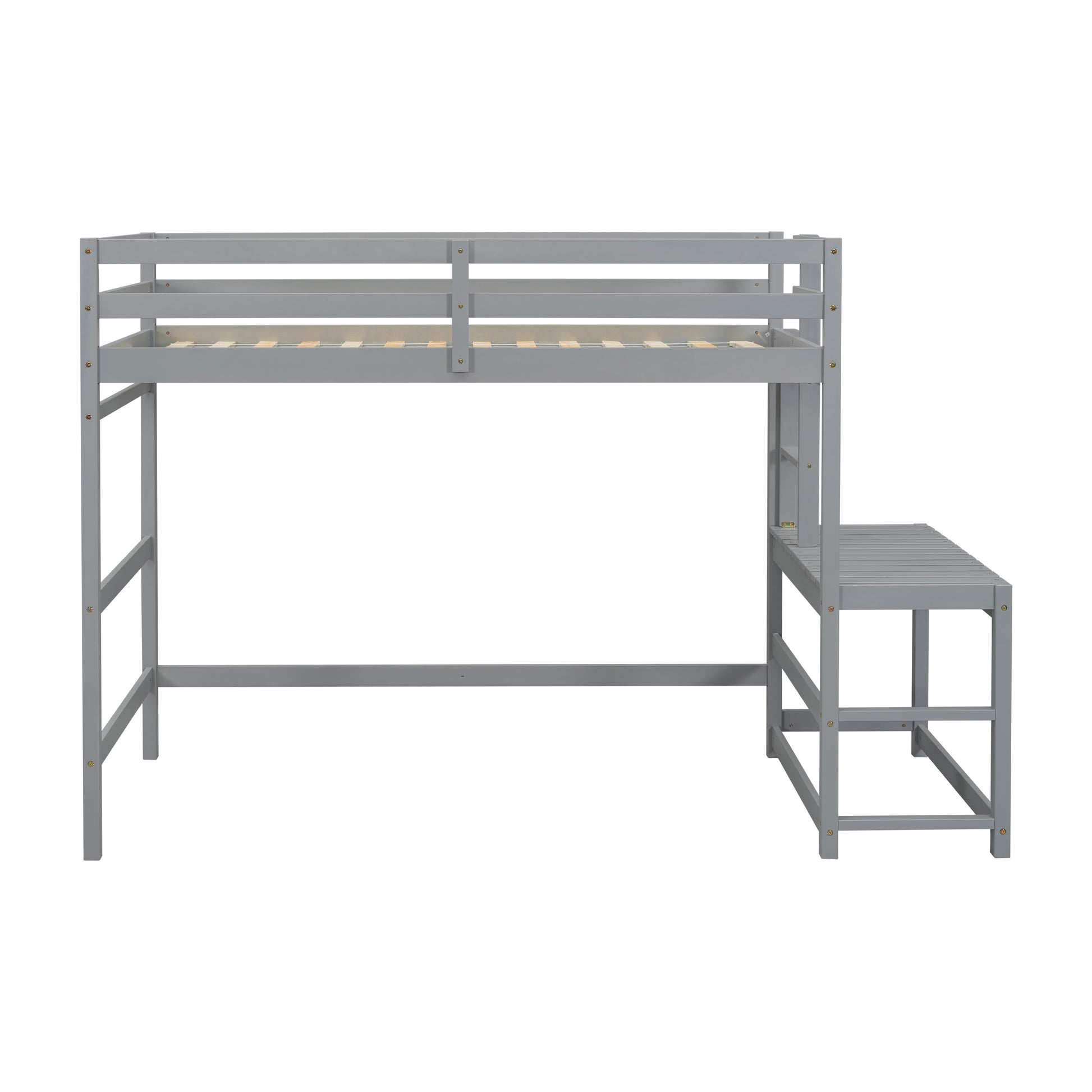 Gray wooden twin loft bed with attached ladder and guardrails for kids bedroom