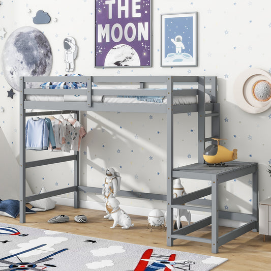Gray wooden loft bed with clothes rack and desk