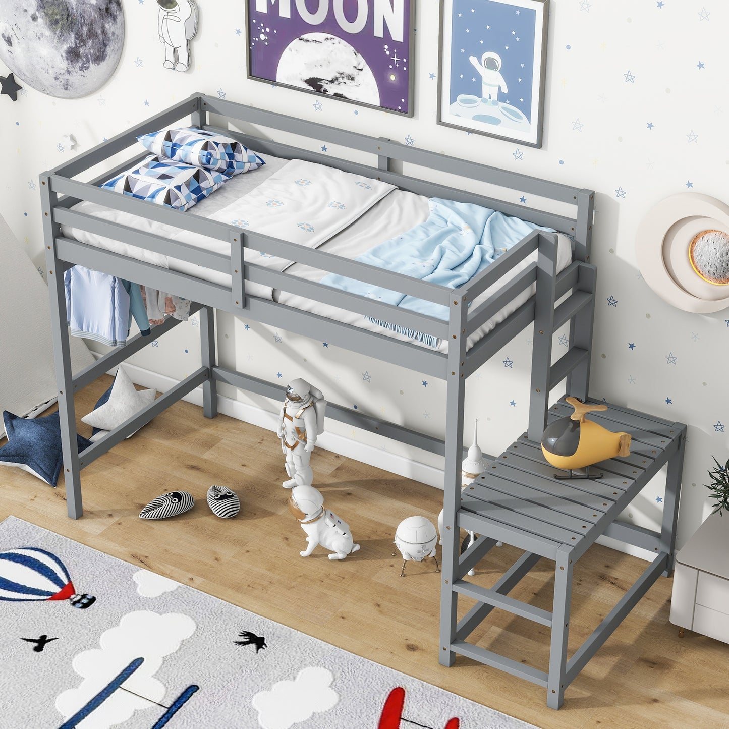 Gray wooden loft bed with patterned pillows and a blue blanket