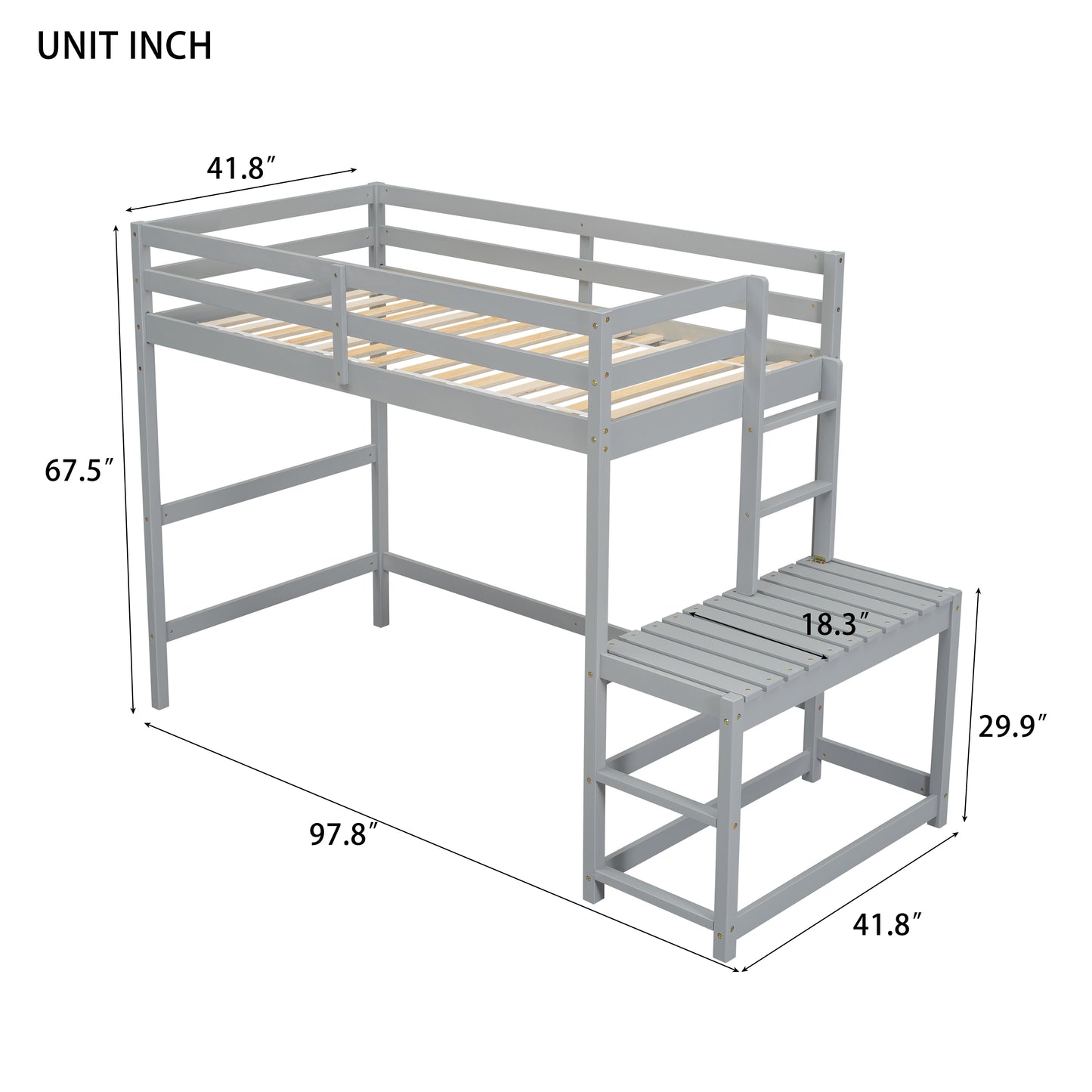 Gray wooden loft bed with integrated step stool and safety rails