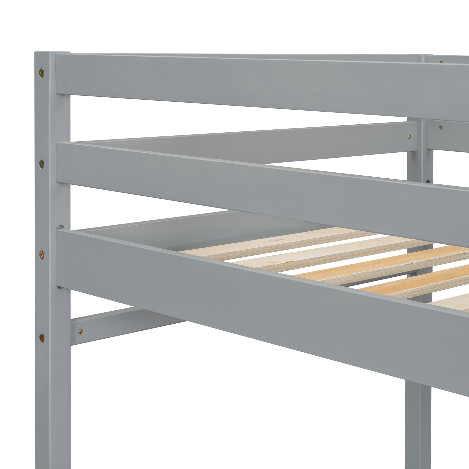 Closeup of a grey wooden bunk bed frame with visible slats and screw details