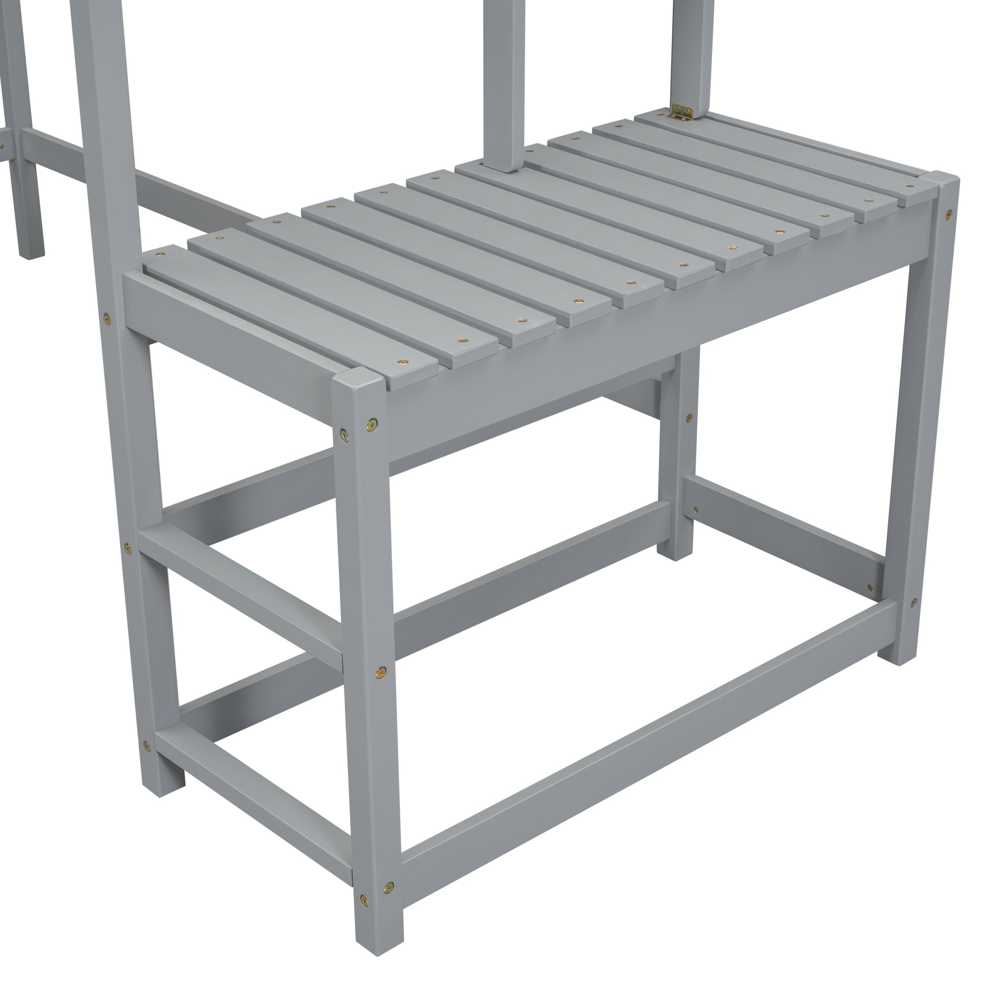 Gray wooden bench with slatted seat