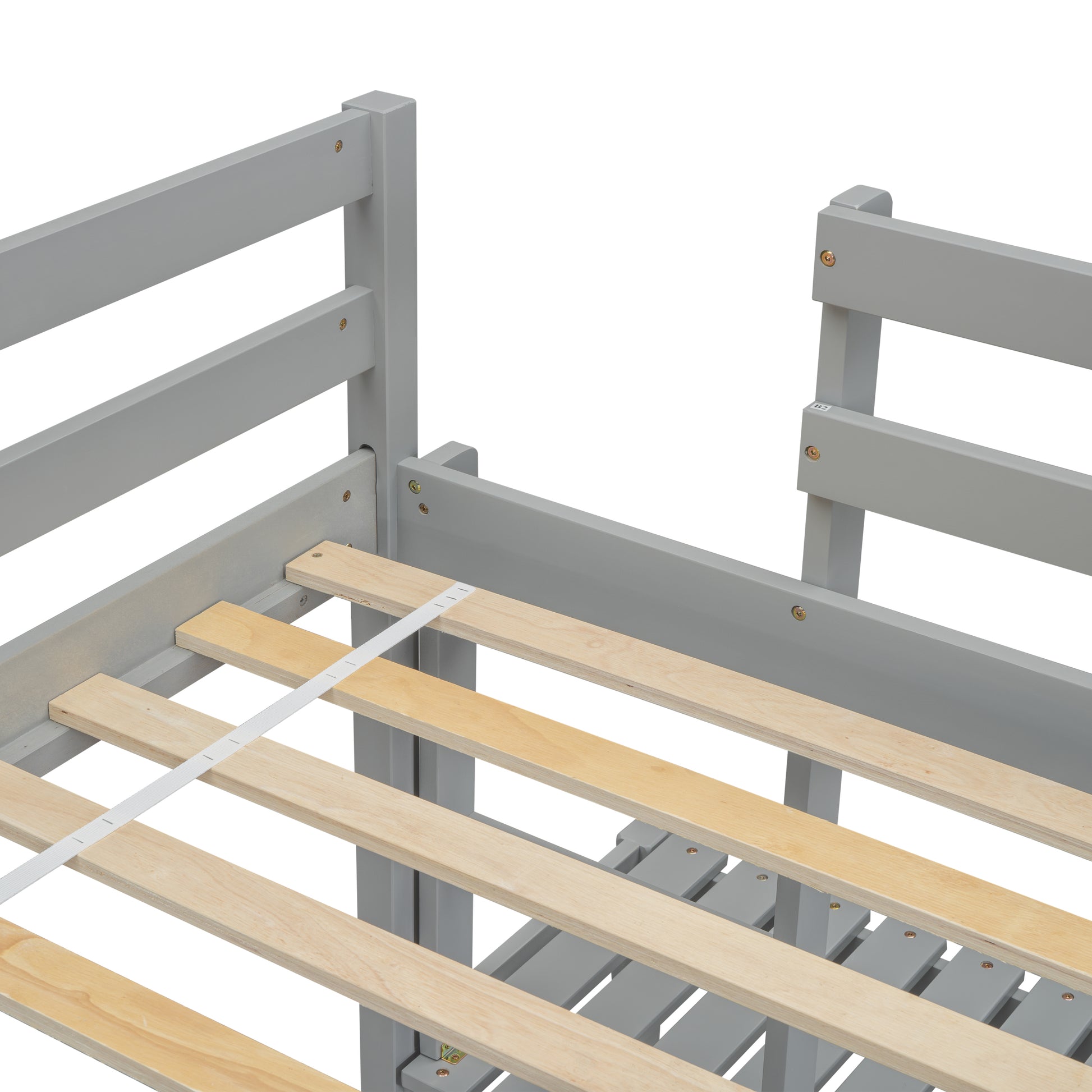 Gray wooden bed frame with visible wooden slats and white strap