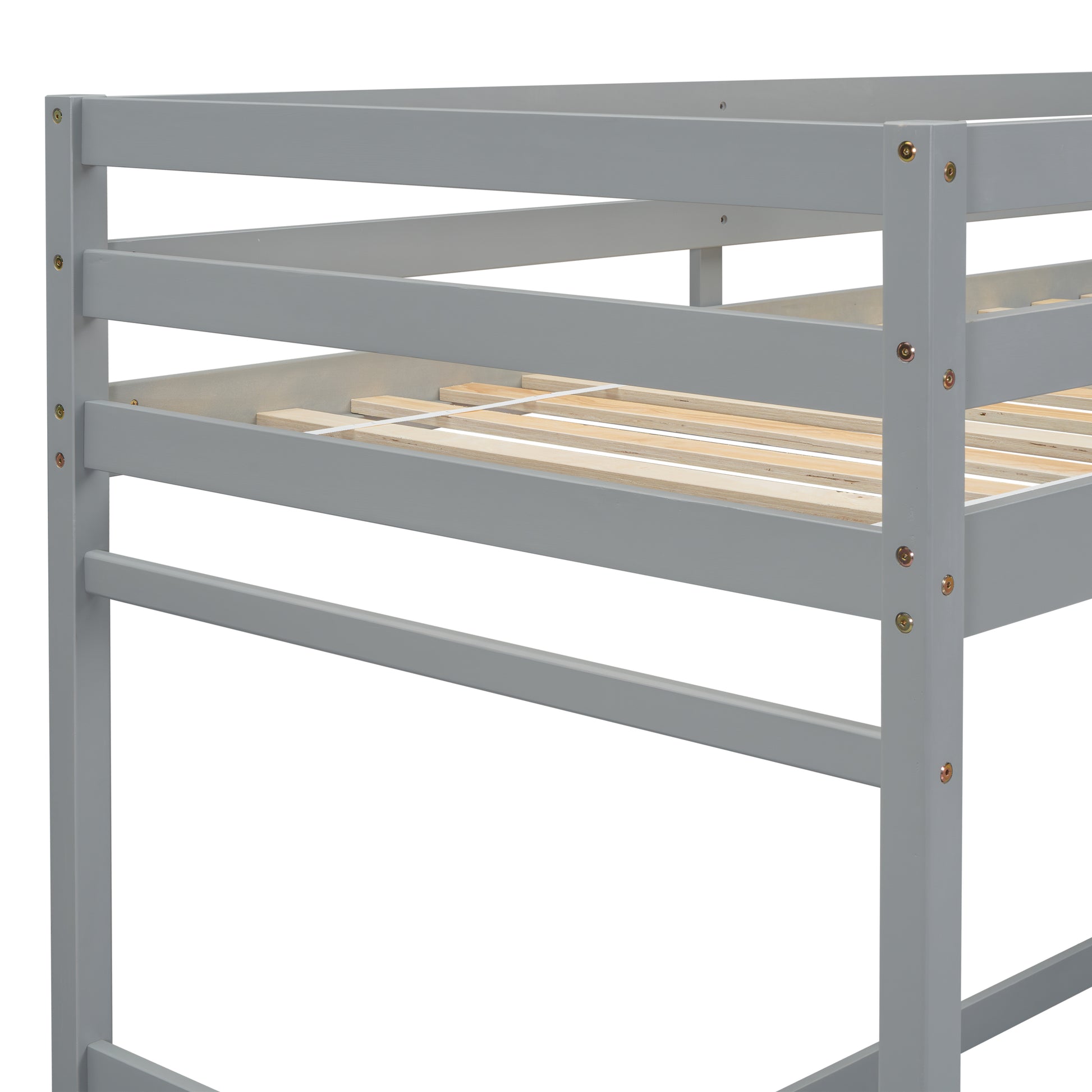 Gray wooden loft bed frame detail with slats