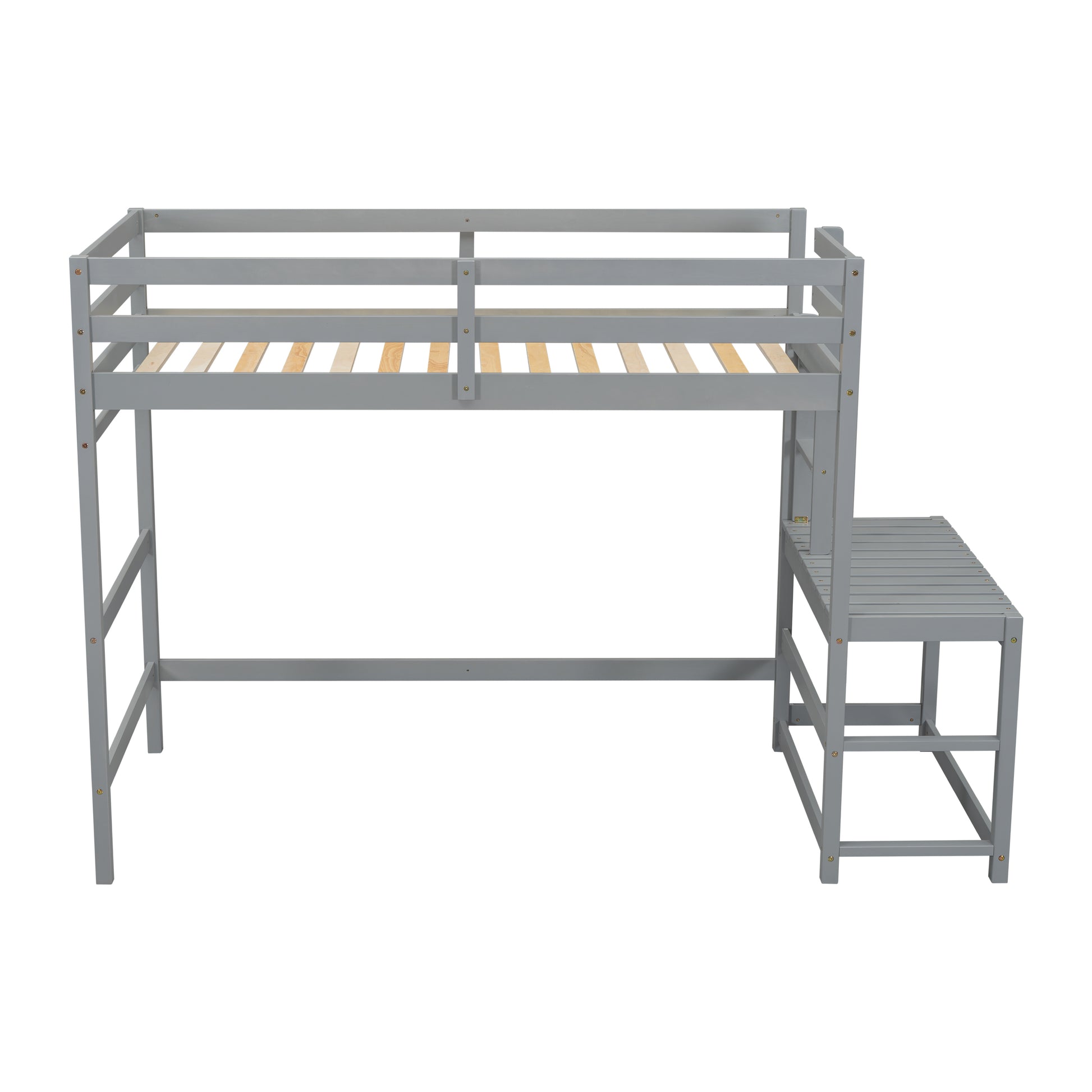 Gray wooden loft bed with integrated desk and ladder