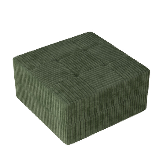 Moss green corduroy ottoman with tufted top for stylish home decor