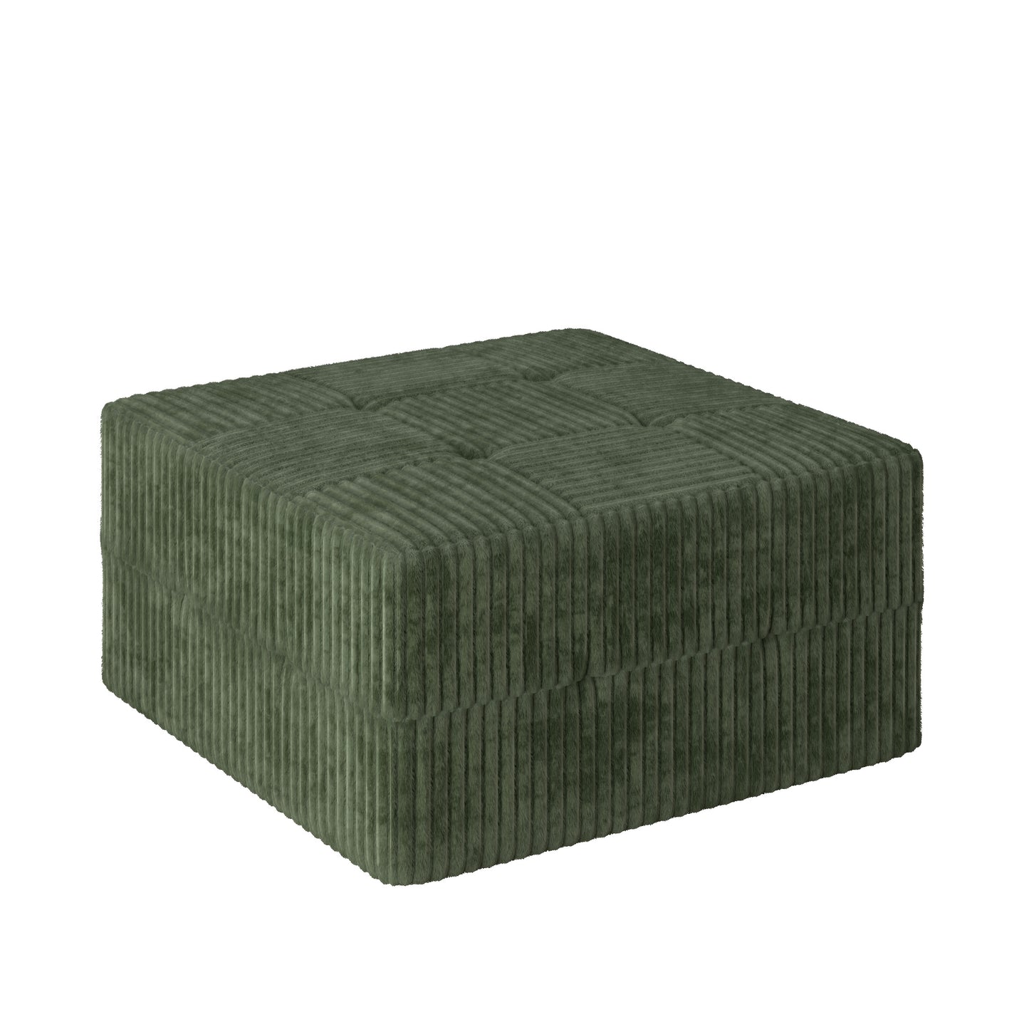 Square green corduroy ottoman with tufted top perfect for footrest or extra seating