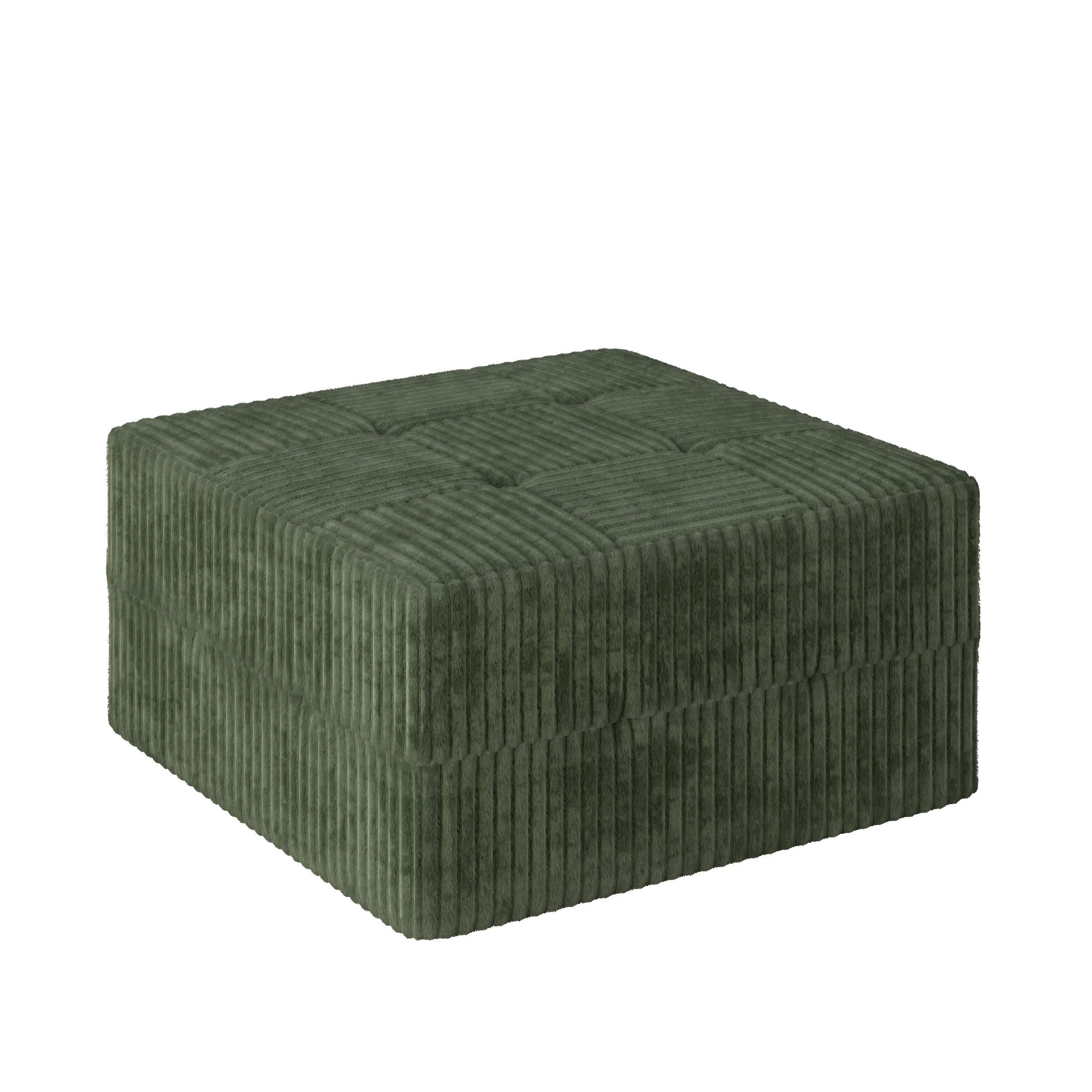 Square green corduroy ottoman with tufted top perfect for footrest or extra seating