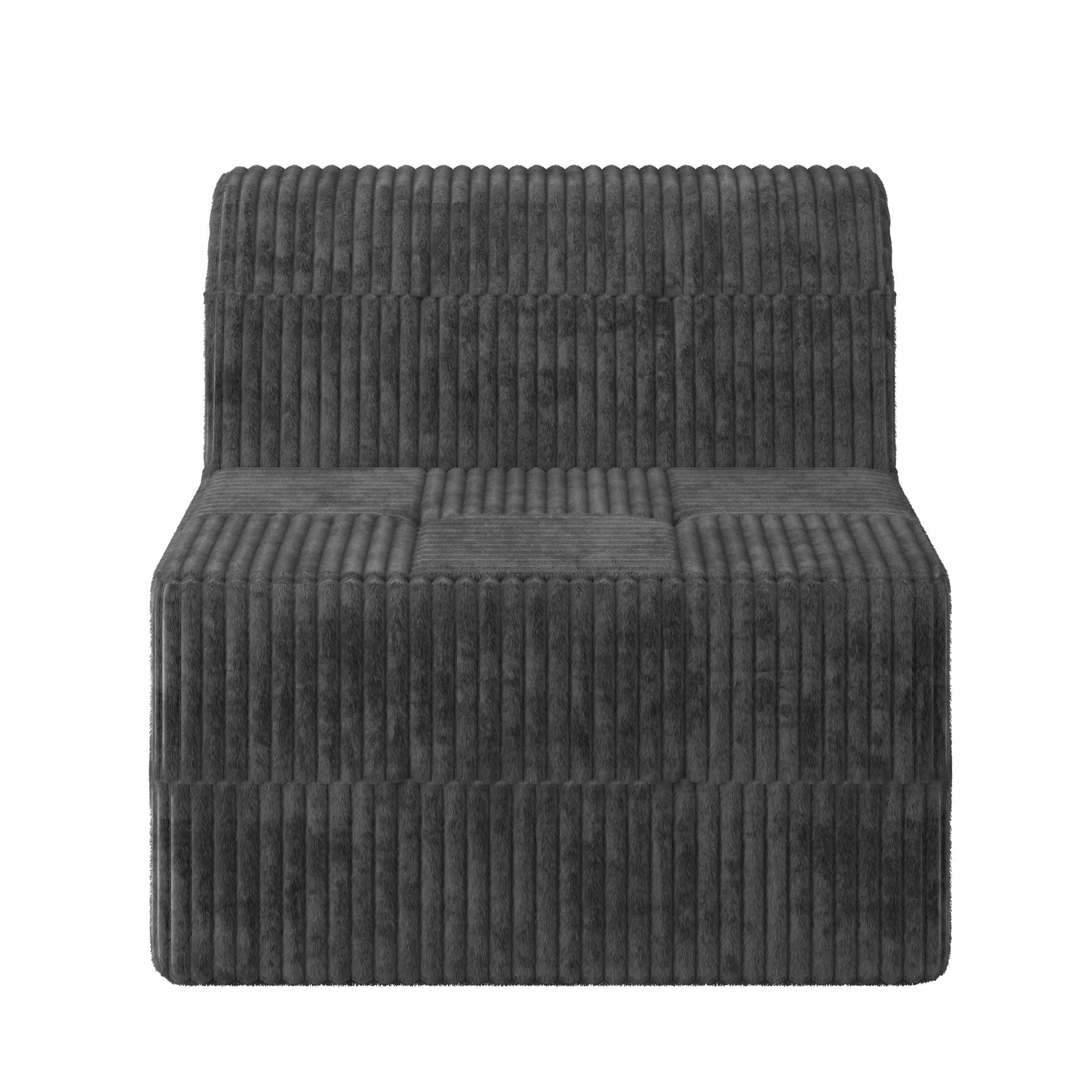 Grey corduroy accent chair with a plush textured finish and deep seat