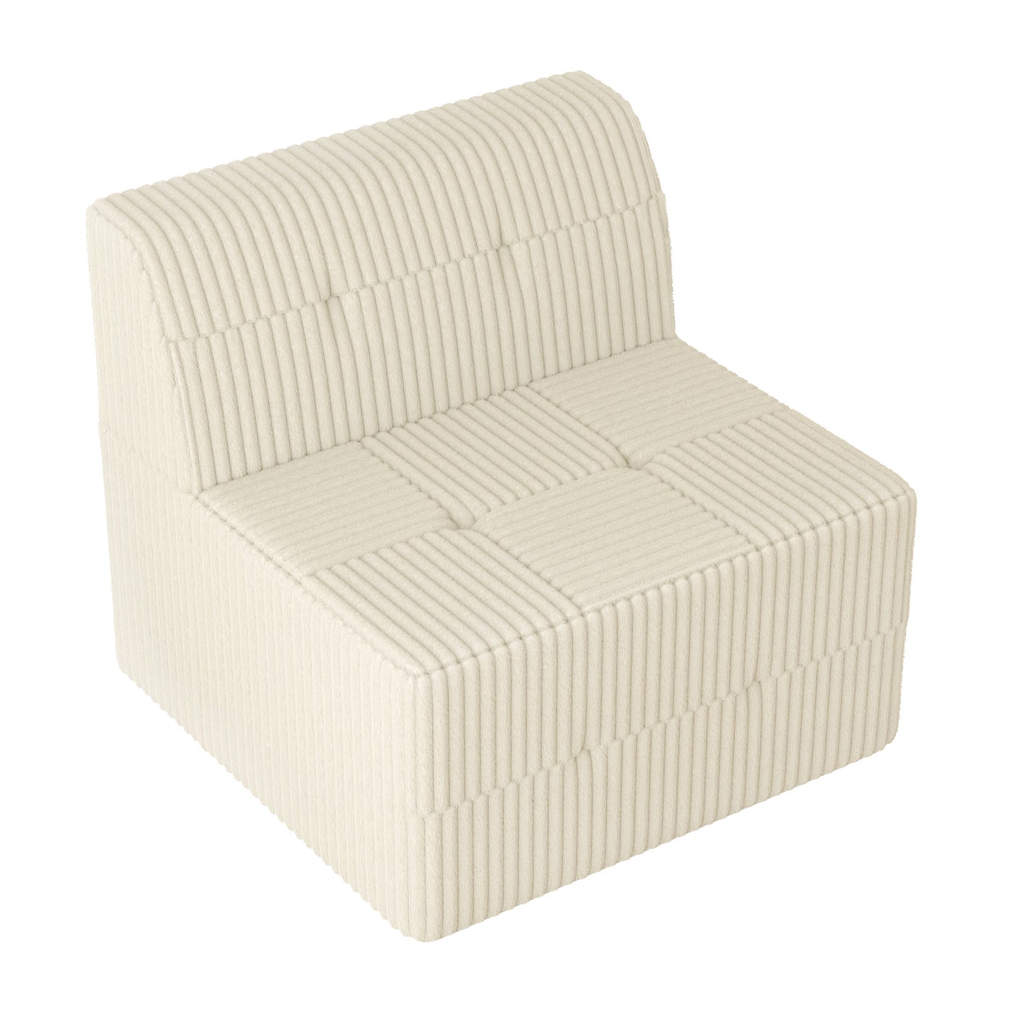 Cream corduroy accent chair with tufted seat and vertical ribbing detail