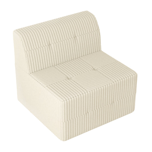 Cream corduroy accent chair with tufted seat and vertical ribbing detail