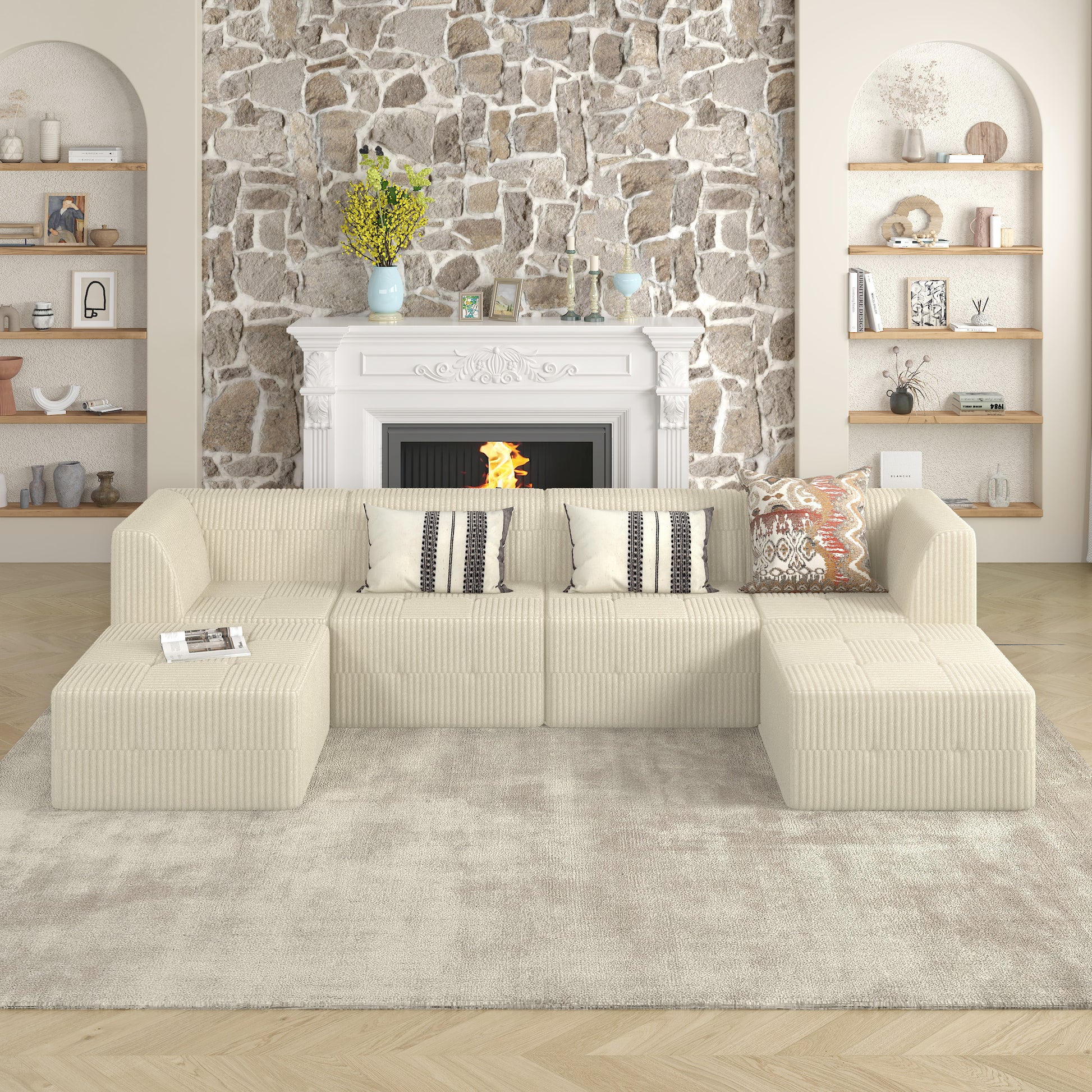Cream textured sectional sofa with ottoman and striped throw pillows on a plush rug