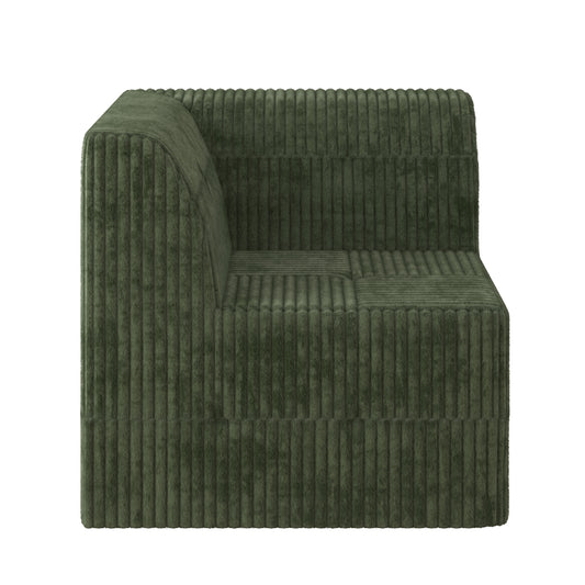 Modern sectional sofa in dark green corduroy fabric with plush texture and clean lines