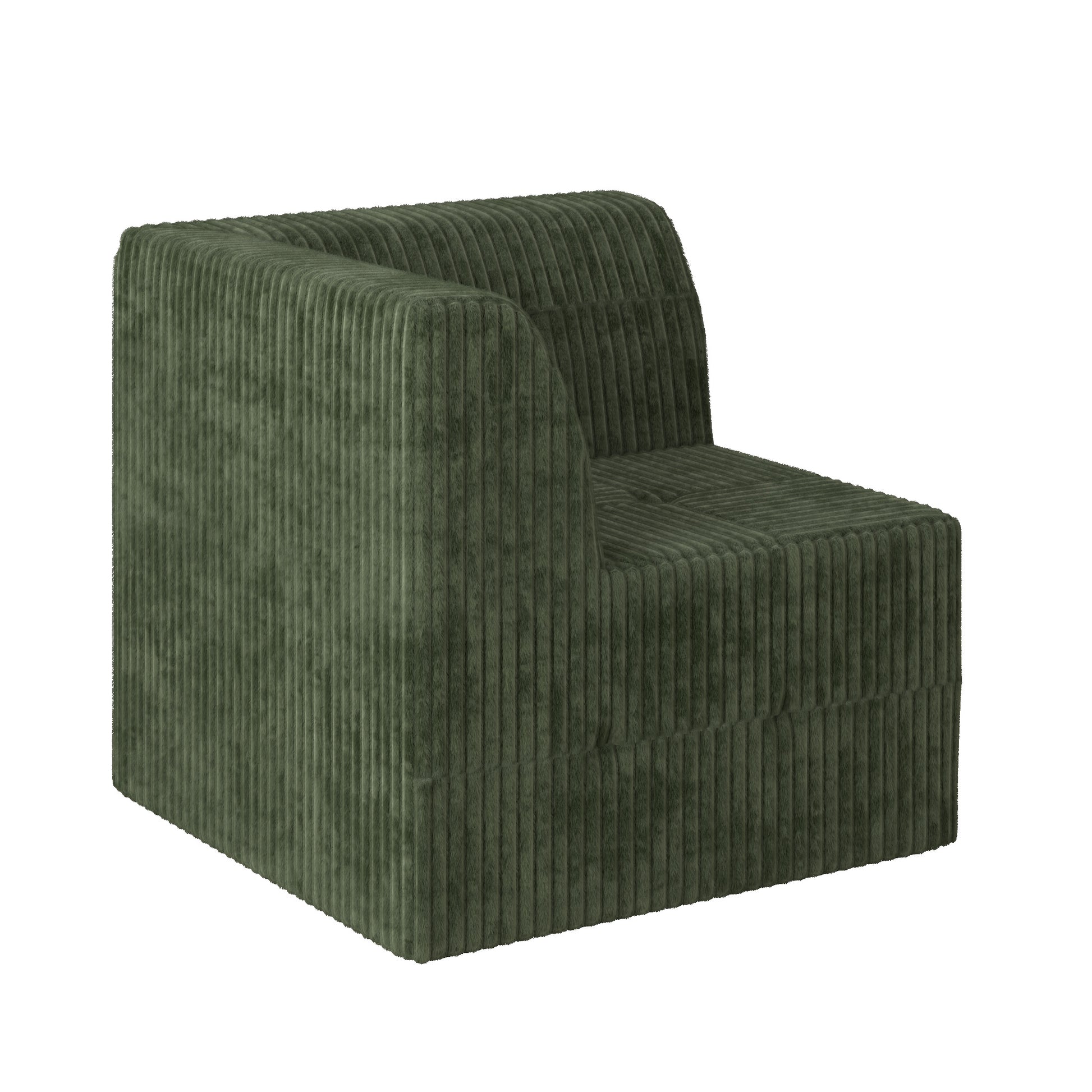 Modular corduroy armchair in deep green featuring plush vertical ribbing for a retromodern feel